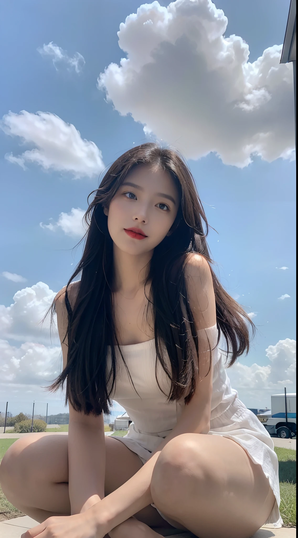 ((best qualtiy, 8K, tmasterpiece:1.3)), A pretty maiden,Pure,Melon seed face,gentle and cute,A sweet smile,Pure desire,Thin stature,(frontage),(Tilt your head),staring right into camera,uniform, Obi, formal,Black silky long, Straight hair,Long hair flowing over the shoulders,round black big eyes,Clear big eyes,Hydrated red lips,Sweet,Sit on the,with blue sky and white clouds,Blue skies,grassy fields,