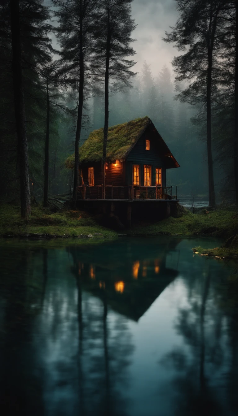 a forest hut on chicken legs in the middle of a dark gloomy lake