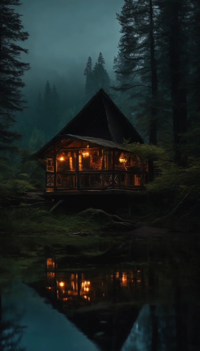 a forest hut on chicken legs in the middle of a dark gloomy lake