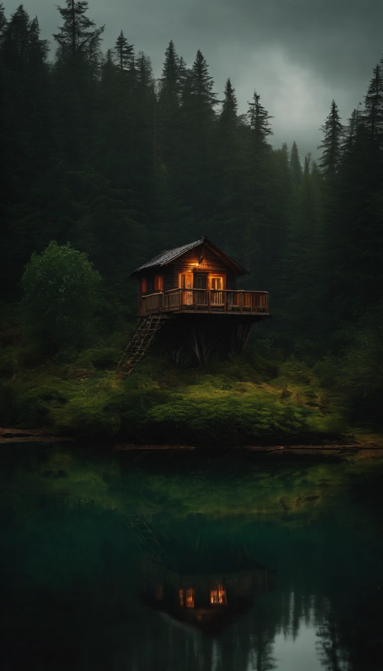 a forest hut on chicken legs in the middle of a dark gloomy lake