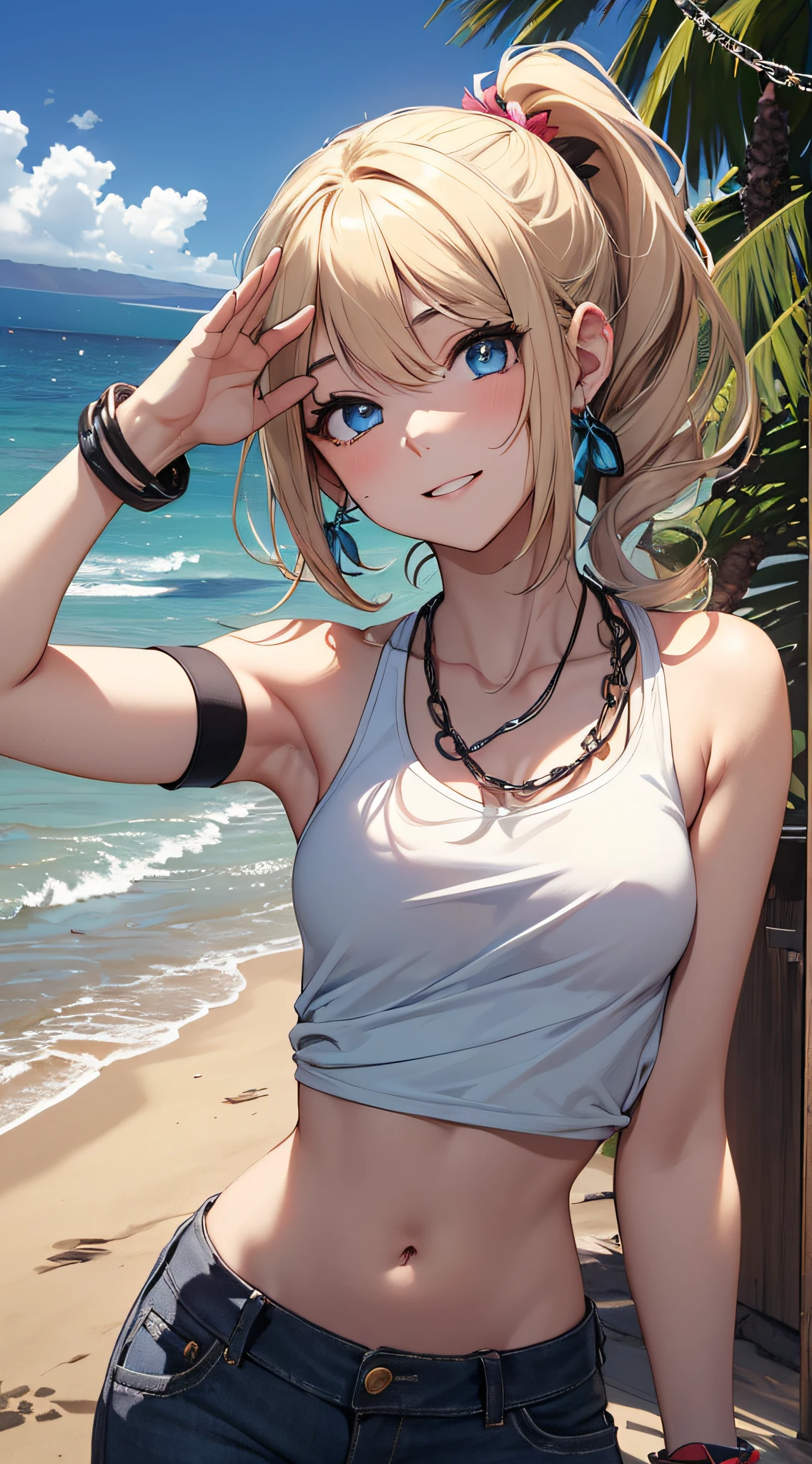 top-quality、Top image quality、masterpiece、girl with((18year old、tatteredclothing、Black Navel Tank Top、White pants、Best Bust、Bust 85、a blond、disheveled ponytail、Blue eyes、open chest wide、Happiness、Chain Accessories、Black wristband on wrist、saluting、Slouching pose))hiquality、visualart、Background with((Hawaiian))、masutepiece