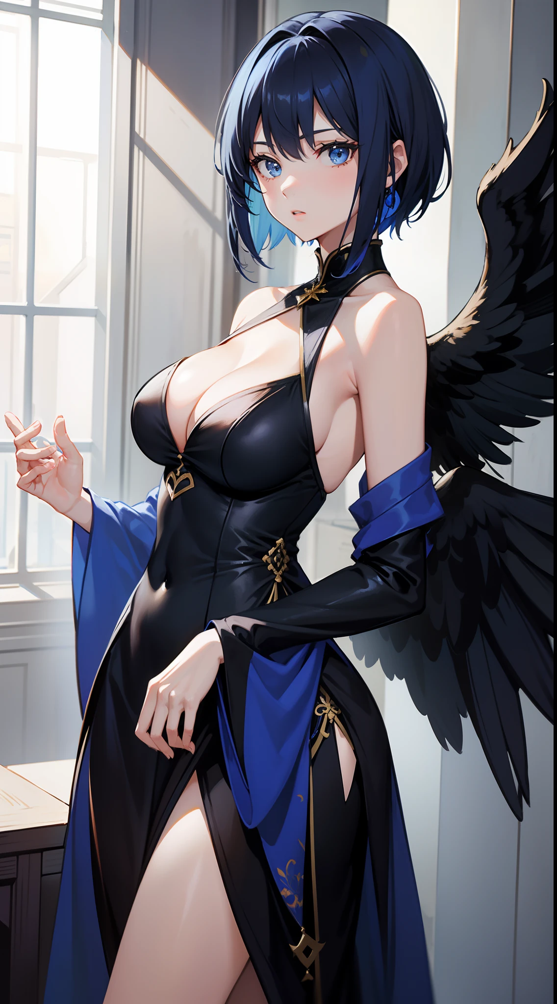 Tall girl, Short blue hair, blue eyes, black chinese dress, Blue inserts, open shoulders, big angel wings, Masterpiece, hiquality, high detail, HD, 4k