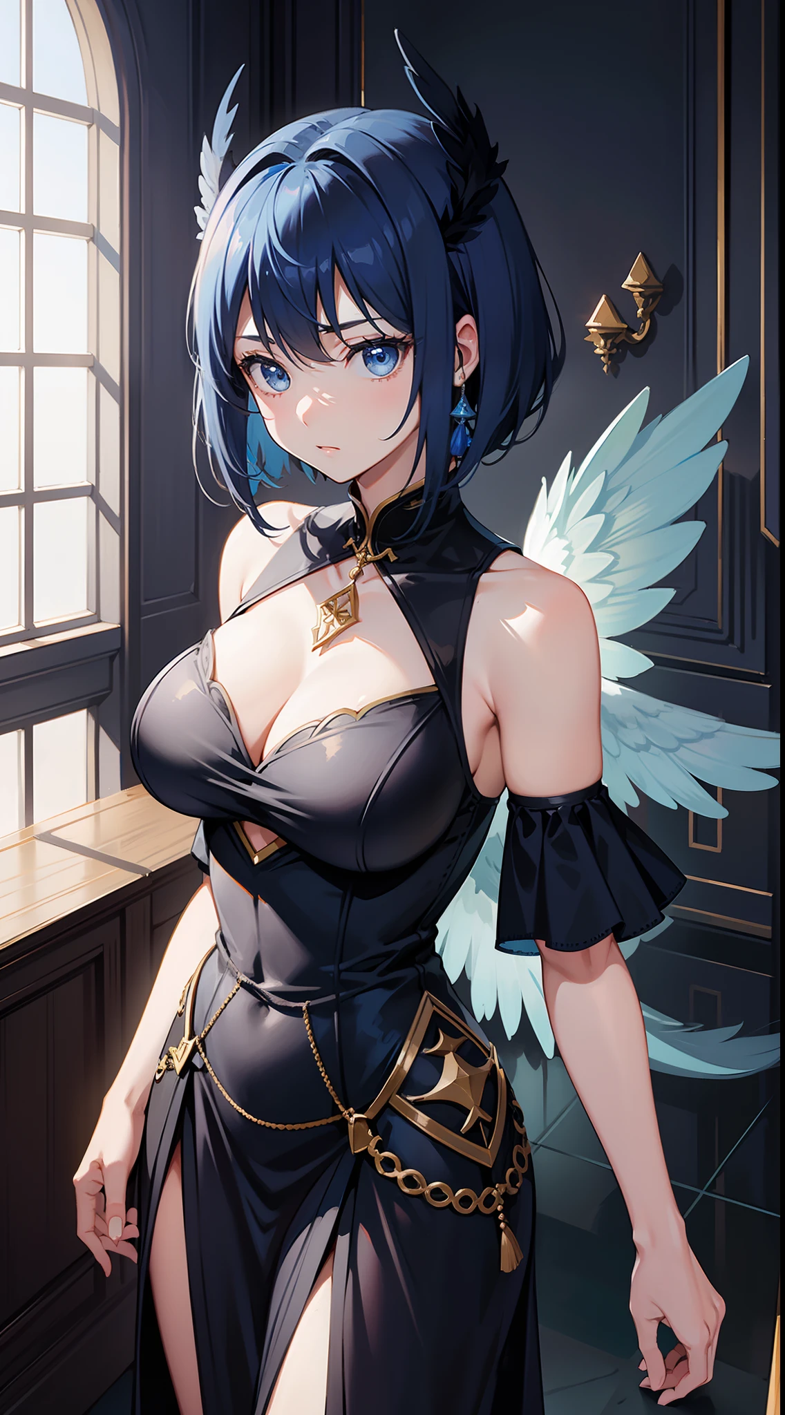 Tall girl, Short blue hair, blue eyes, black chinese dress, Blue inserts, open shoulders, big angel wings, Masterpiece, hiquality, high detail, HD, 4k