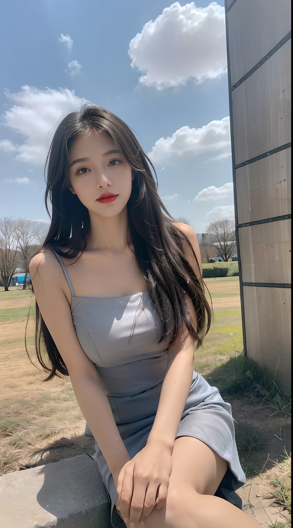 ((best qualtiy, 8K, tmasterpiece:1.3)), A pretty maiden,Pure,Melon seed face,gentle and cute,A sweet smile,Pure desire,Thin stature,(frontage),(Tilt your head),staring right into camera,uniform, Obi, formal,Black silky long, Straight hair,Long hair flowing over the shoulders,round black big eyes,Clear big eyes,Hydrated red lips,Sweet,Sit on the,with blue sky and white clouds,Blue skies,grassy fields,