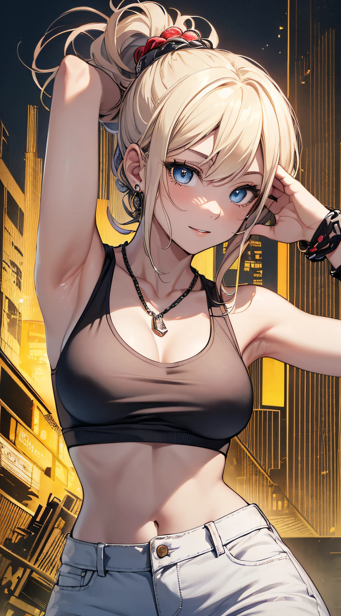 Optimal,masterpiece,High resolution,Highest quality,Hyper HD,Very detailed,Award-winning,16K,alone,(Upper Body),Correct Anatomy,Beautiful Cyberpunk Girl,Cowboy Shot、Cute Face,,blonde、Long Hair、Twin tails、Braiding, Hairline,((Scarlet Eyes)),Long eyelashes,Drooping eye corners,White skin,Shoot from the side, ((See-through camisole:1.5)), rocket , (Because I'thin),Big Breasts