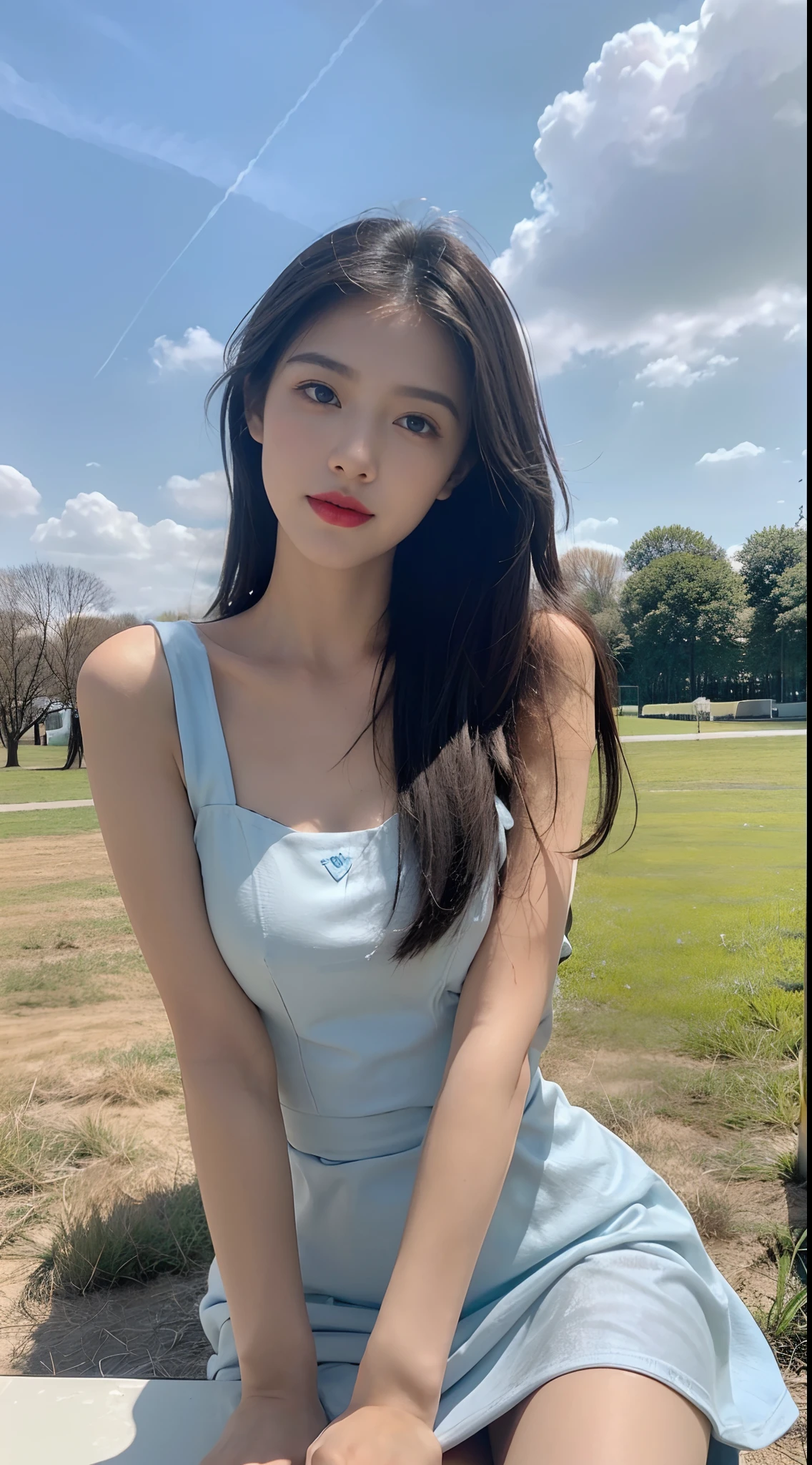 ((Lisa Blackpink)), bare breasts, wide neck t-shirt off shoulder, large neckline, tiny blue pleated skirt, no panties, black high heels, leaning forward, close breasts, very fair skin, very long hair, wavy hair, camp , forest, photorealistic, indirect lighting, volumetric light, ray tracing, hyper-detailed, best quality, ultra-high resolution, HDR, 8k