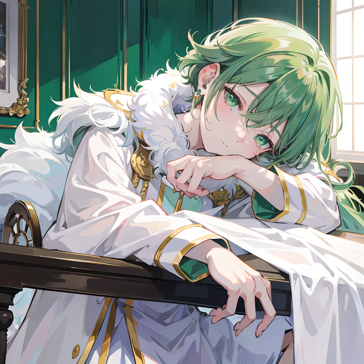 anime boy(12yrs),wearing a white regal uniform with a fur cape,green eyes,an earing on his left ear with an emerald on it,sleeping on a table ,palace room background