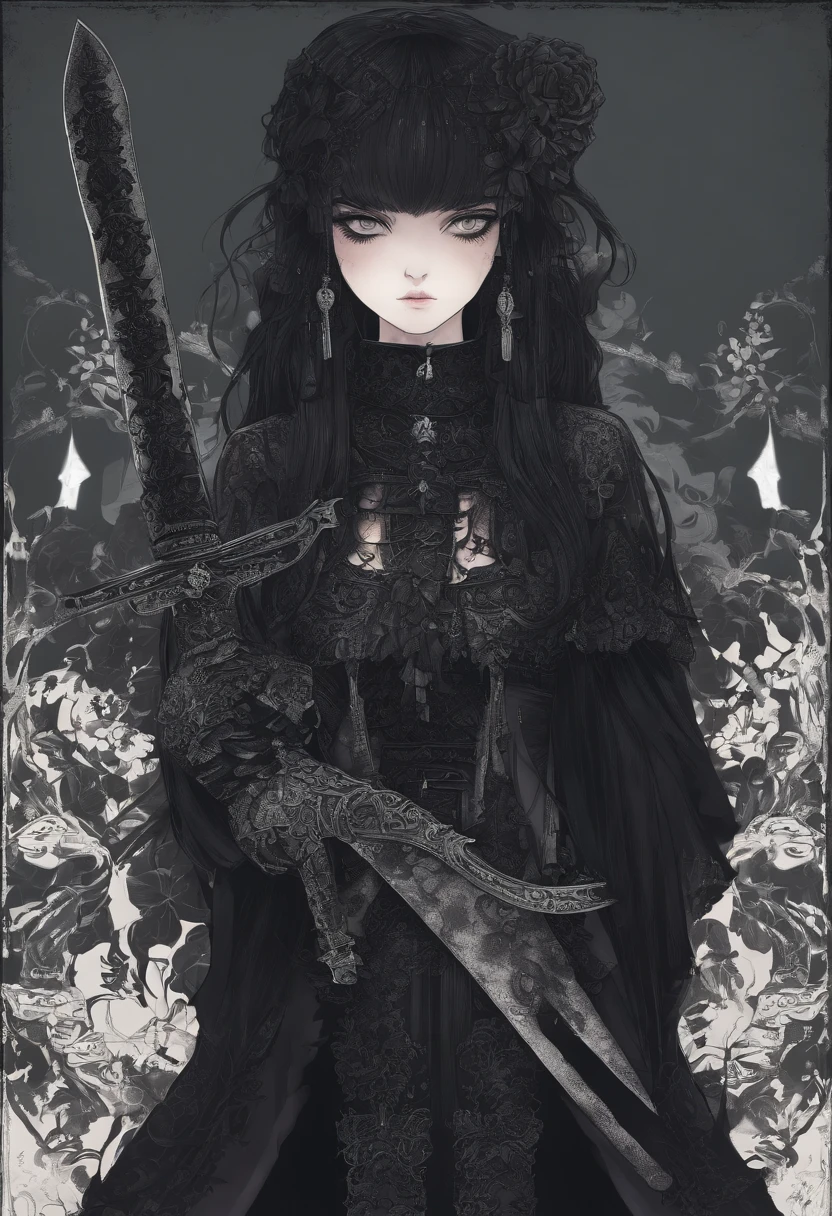 dark theme dark fantasy little yong goth girl fully tattooed threat stare weiling a large oversized melee weapon