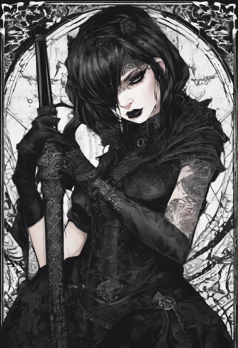 dark theme dark fantasy yong goth girl fully tattooed threat stare weiling a large oversized melee weapon