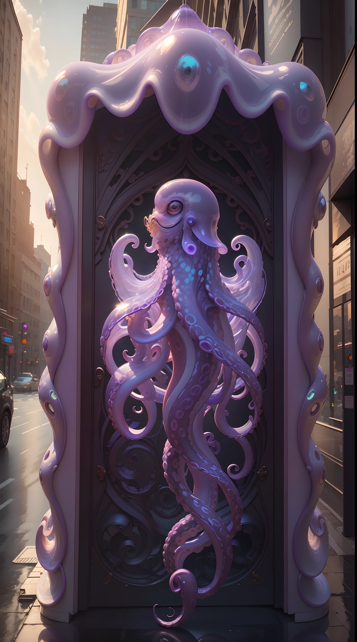 Masterpiece, Best quality, [(Purple translucent octopus)+(((Vitreous skin)))] ,starlights，In the city，Photorealistic, high resolution, Detailed, Sharp focus