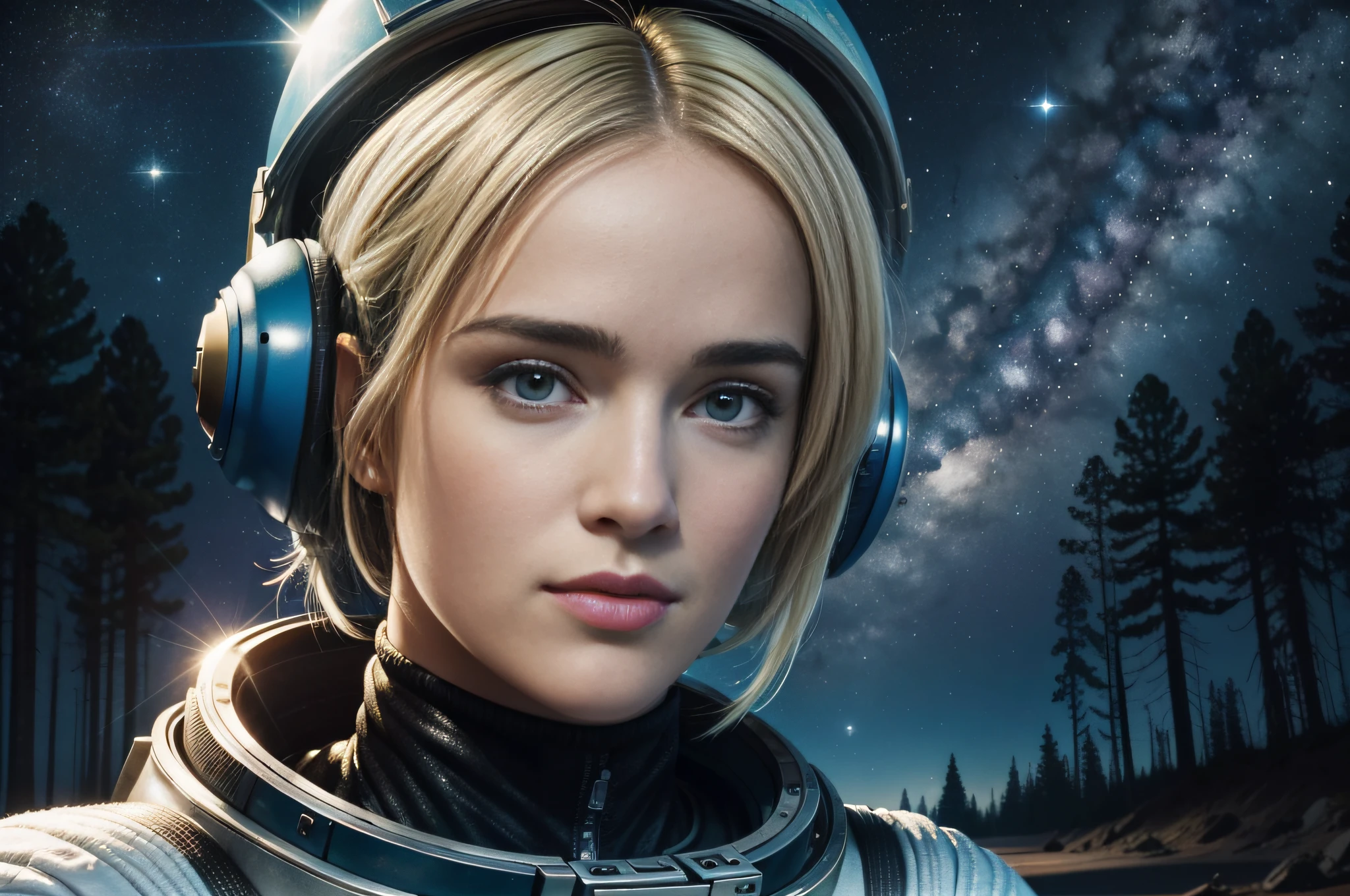 (((hd closeup photo))), one standing Anne-Marie Alto as space cadet looking at camera, ((((Anne-Marie Alto)))), 25 years old, in forest