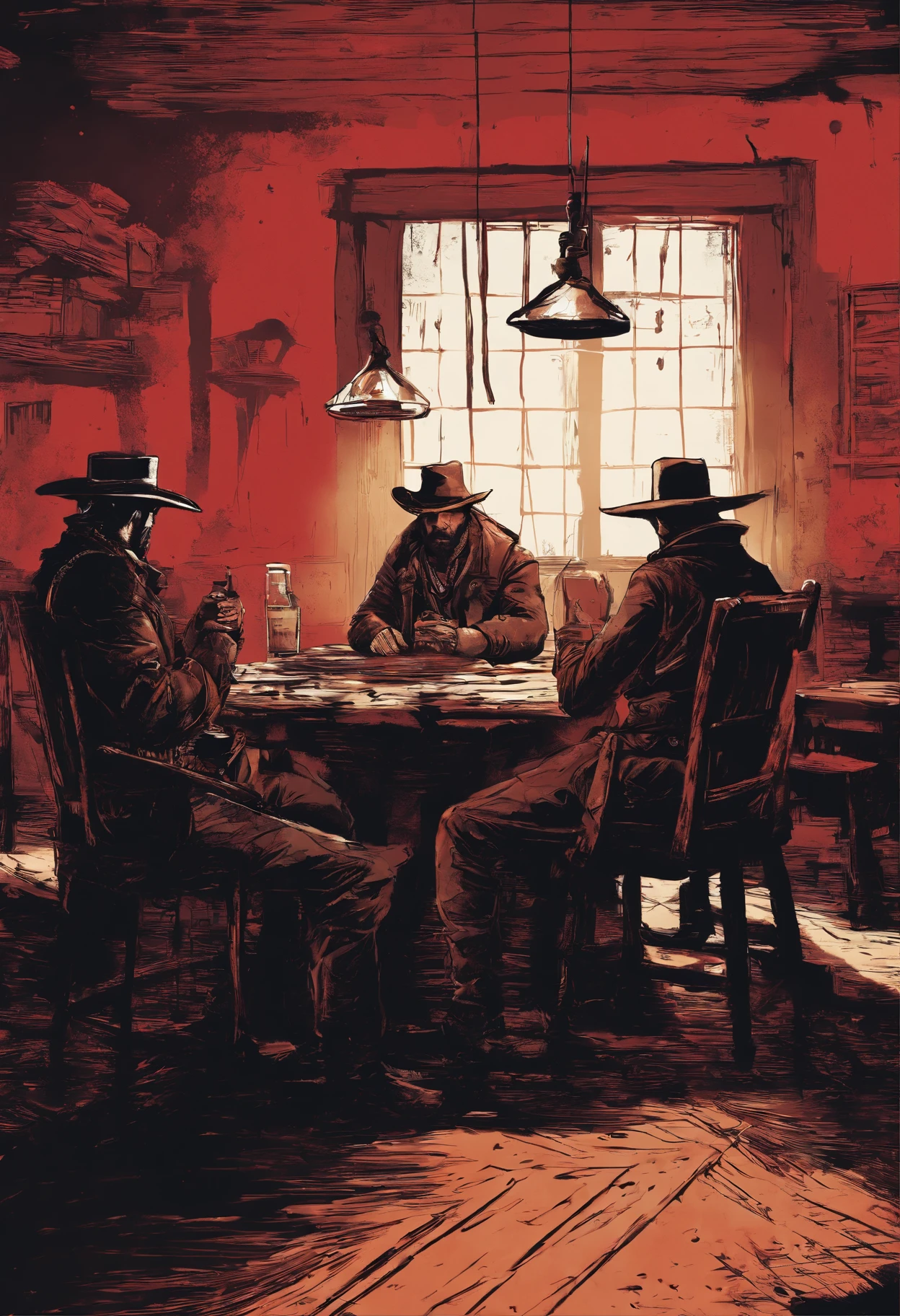 "(Best quality, A high resolution),Red Dead Redemption 2 style,Dark room,Western-style outlaws, 6 men,In a dark room,interiors,Stand in front of the table,Cowboy hat,revolvers,cigarettes,Narrow beam,Atmospheric shadows,Leather jacket and vest,Old wooden table,Dust particles floating in the air,Sharp focus,gritty texture,Vivid colors,Moody lighting"