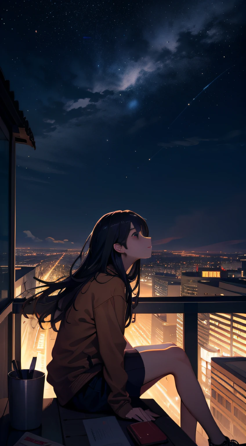 close-up，Girl sitting on the roof,Looking up at the starry sky at night。On the distant horizon,You can see the silhouettes of some buildings。She felt the comfort of the night breeze。The whole scene is calm and beautiful