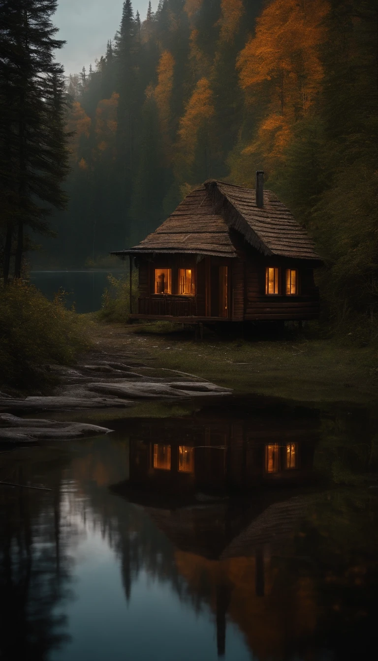 a forest hut on chicken legs in the middle of a dark gloomy lake