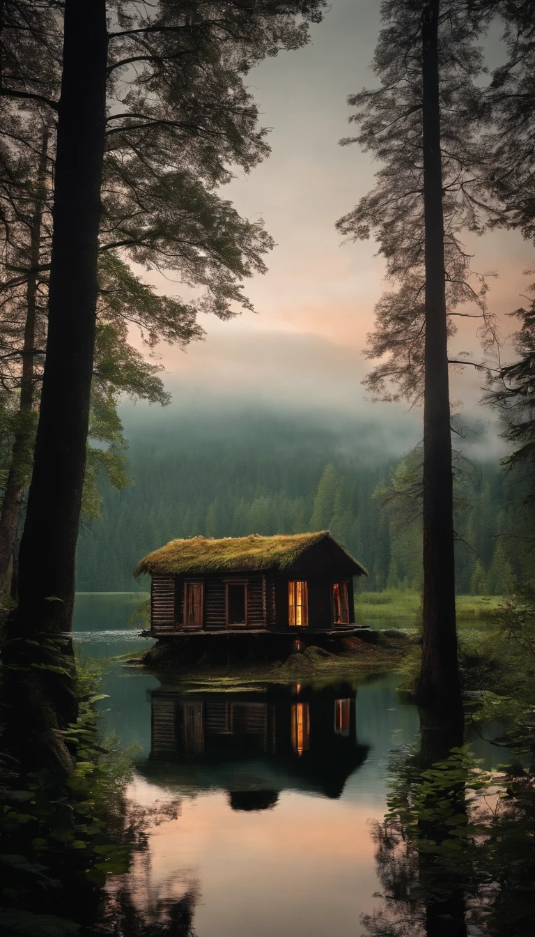 a forest hut on chicken legs in the middle of a dark gloomy lake