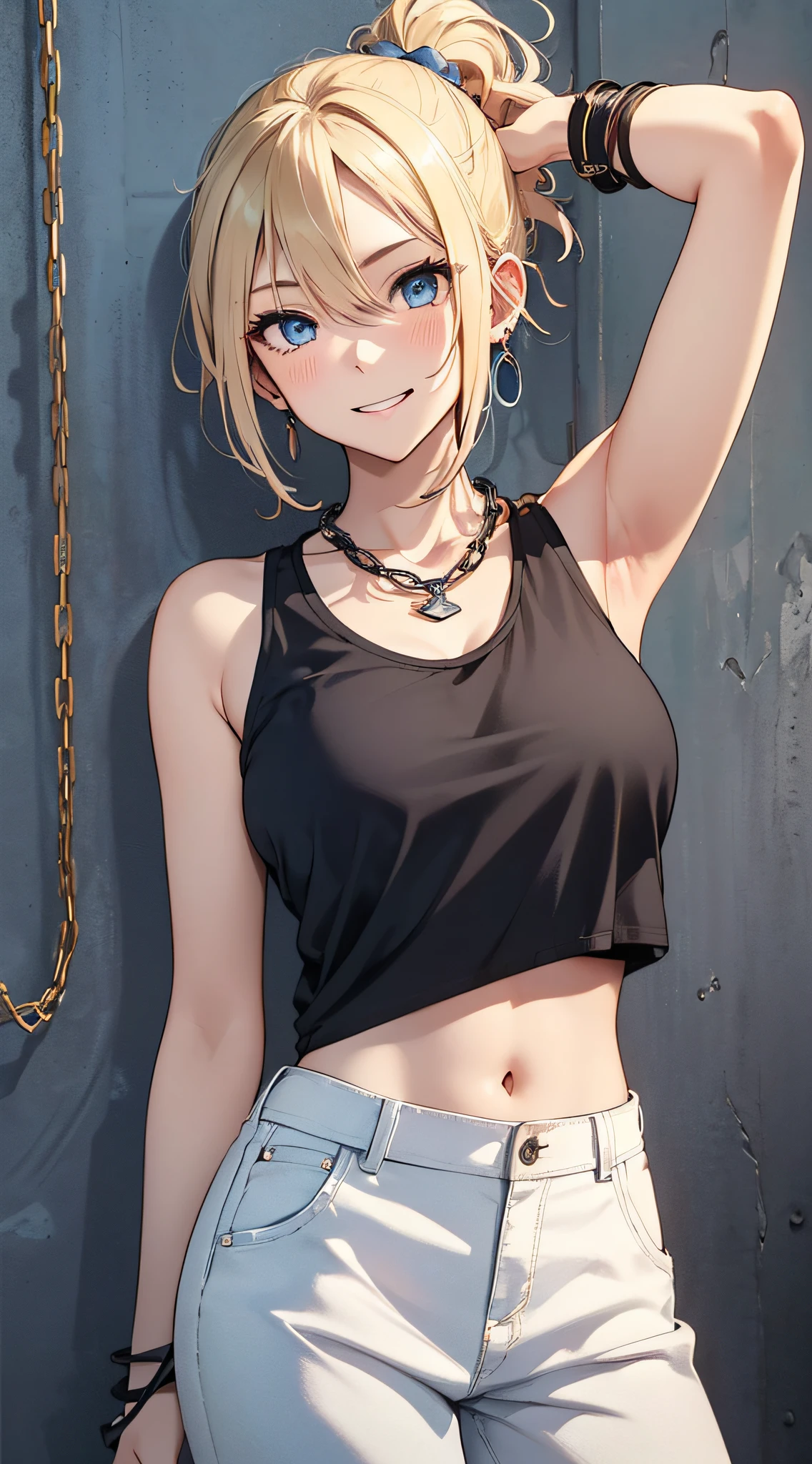 top-quality、Top image quality、masterpiece、girl with((18year old、tatteredclothing、Black Navel Tank Top、White pants、Best Bust、Bust 85、a blond、disheveled ponytail、Blue eyes、open chest wide、Happiness、Chain Accessories、Black wristband on wrist、saluting、Leaning forward pose to the viewer))hiquality、visualart、Background with((Hawaiian))、masutepiece