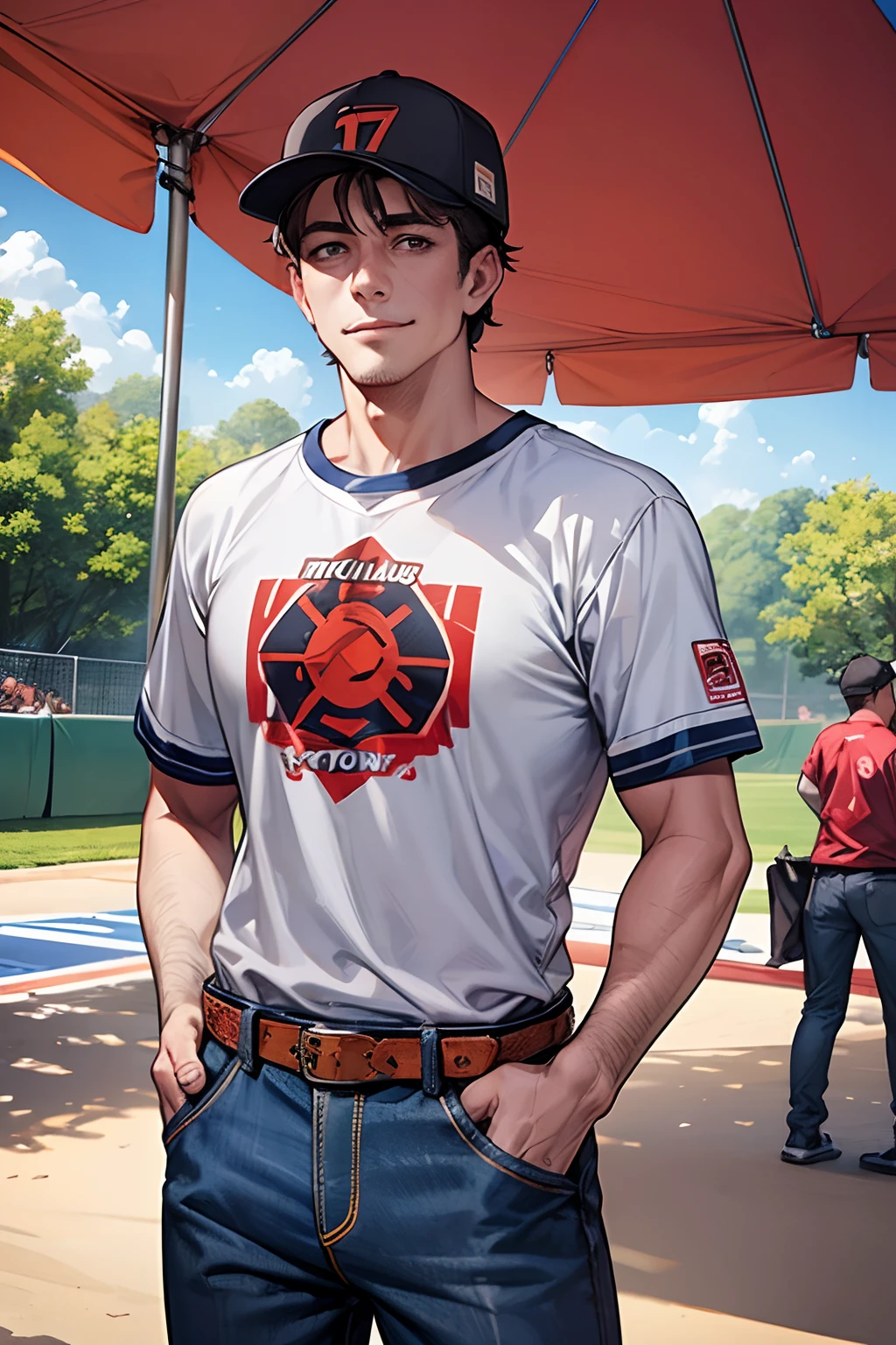 ((1male people)), Curate, Anatomically correct, Super Detail, top-quality, Very delicate, The upper part of the body, Mild-mannered middle-aged man, 55 years old, Middle Age, 175 cm, Perfect Anatomy, A dark-haired, short-haired, Racing Team T-Shirt,Baseball Caps for Racing Teams, Lunette de soleil, denim pant, Outdoor Tent, is standing, BBQ, Smile