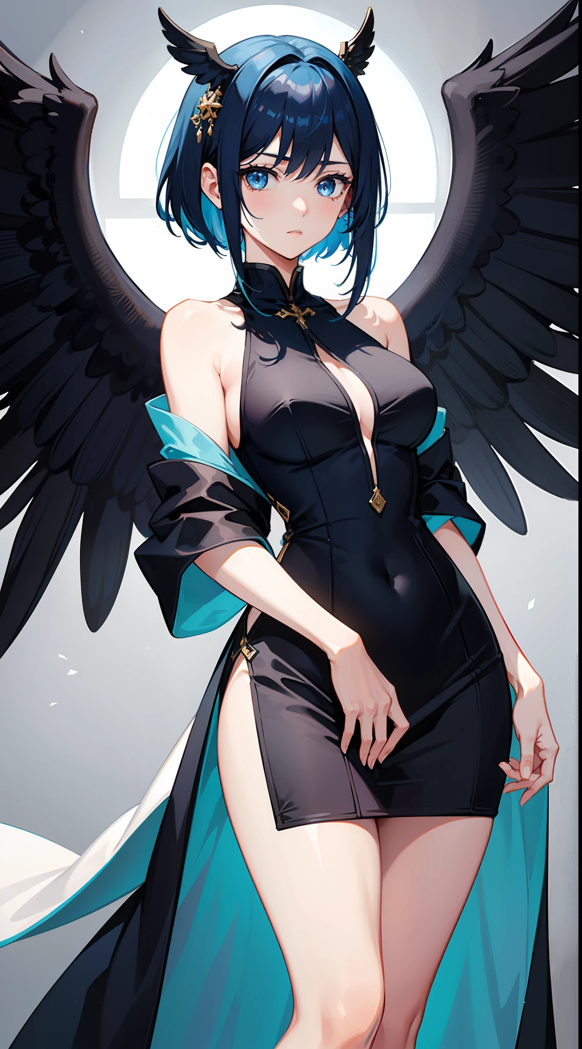 Tall girl, Short blue hair, blue eyes, black chinese dress, Blue inserts, open shoulders, big angel wings, Masterpiece, hiquality, high detail, HD, 4k