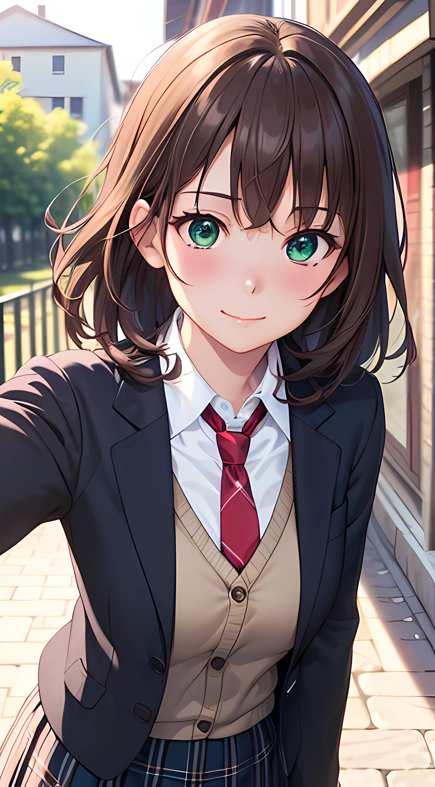 ((masterpiece, best quality, highres, UHD, perfect pixel, depth of field, 4k, RTX, HDR))), 1girl, single, solo, beautiful anime girl, beautiful artstyle, anime character, ((long hair, bangs, brown hair, curly hair:0.8)), ((green eyes:1.4, rounded eyes, beautiful eyelashes, realistic eyes)), ((detailed face, blushing:1.2)), ((smooth texture:0.75, realistic texture:0.65, photorealistic:1.1, anime CG style)), medium breasts, dynamic angle, perfect body, ((POV, close up)), ((red necktie, school uniform, brown cardigan, black jacket, open jacket, white shirt, black skirt, plaid skirt)), smile, amusement park, cherry blossom