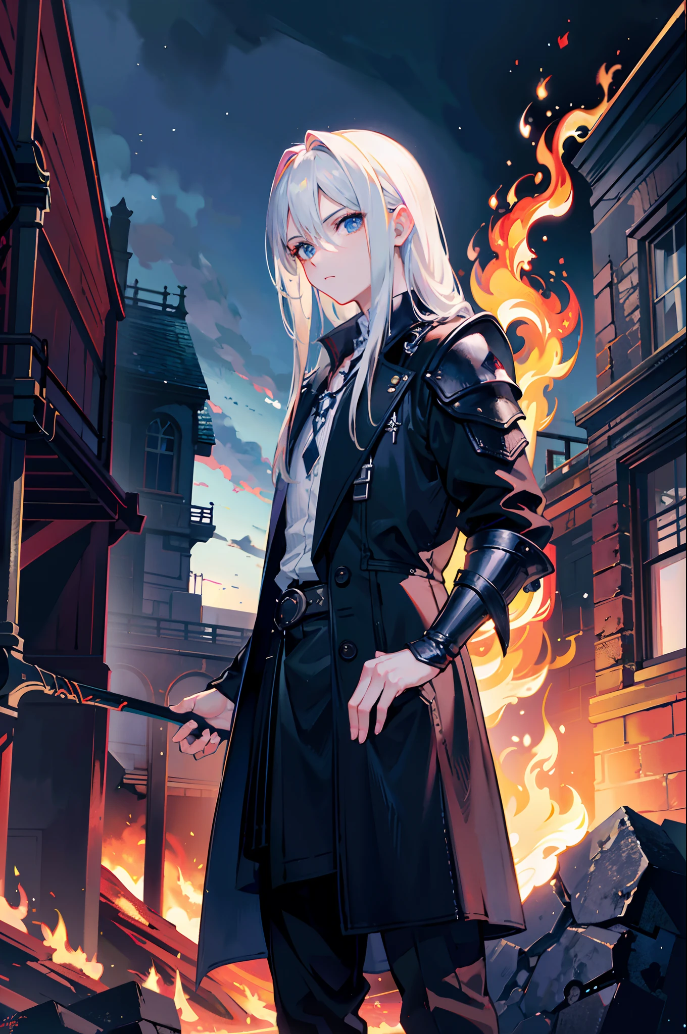(best quality), (masterpiece), (realistic), (photorealistic), ultra-detailed, frontal, 1boy, standing, (looking at the viewer), Sephiroth (Final Fantasy), Sephiroth, Beautiful Hand, Dark Theme, Village, (Fire Location:1.4),(Fire:1.4), (Fire:1.3), Professional Lighting, Photon Mapping, Physical Rendering,