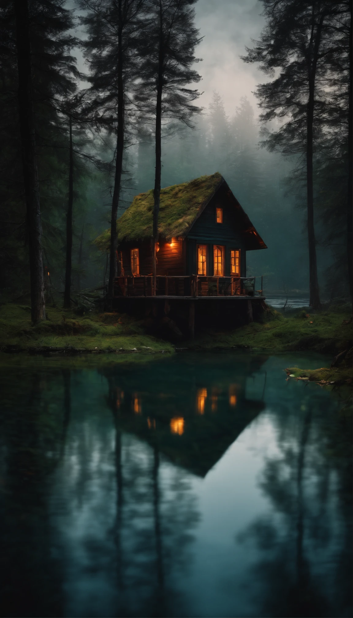 a forest hut on chicken legs in the middle of a dark gloomy lake