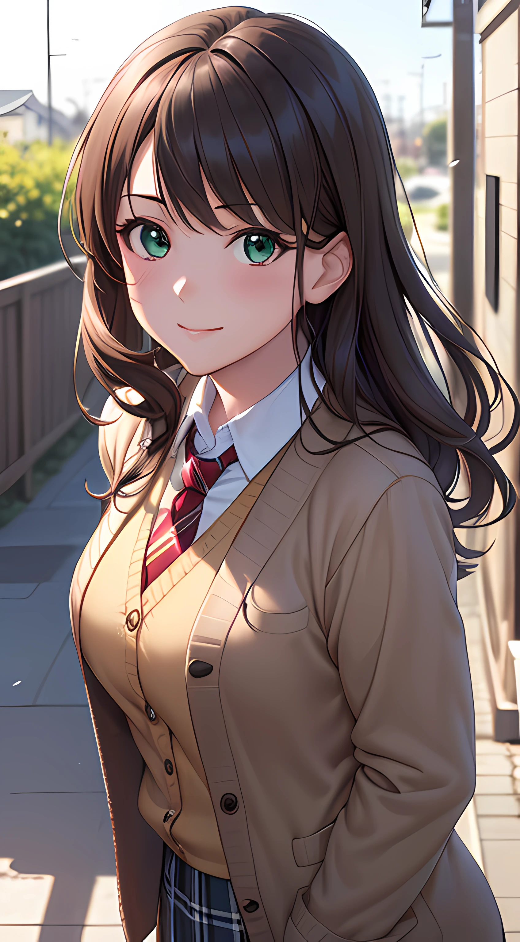 ((masterpiece, best quality, highres, UHD, perfect pixel, depth of field, 4k, RTX, HDR))), 1girl, single, solo, beautiful anime girl, beautiful artstyle, anime character, ((long hair, bangs, brown hair, curly hair:0.8)), ((green eyes:1.4, rounded eyes, beautiful eyelashes, realistic eyes)), ((detailed face, blushing:1.2)), ((smooth texture:0.75, realistic texture:0.65, photorealistic:1.1, anime CG style)), medium breasts, dynamic angle, perfect body, ((POV, close up)), ((red necktie, school uniform, brown cardigan, black jacket, open jacket, white shirt, black skirt, plaid skirt)), smile, amusement park, cherry blossom
