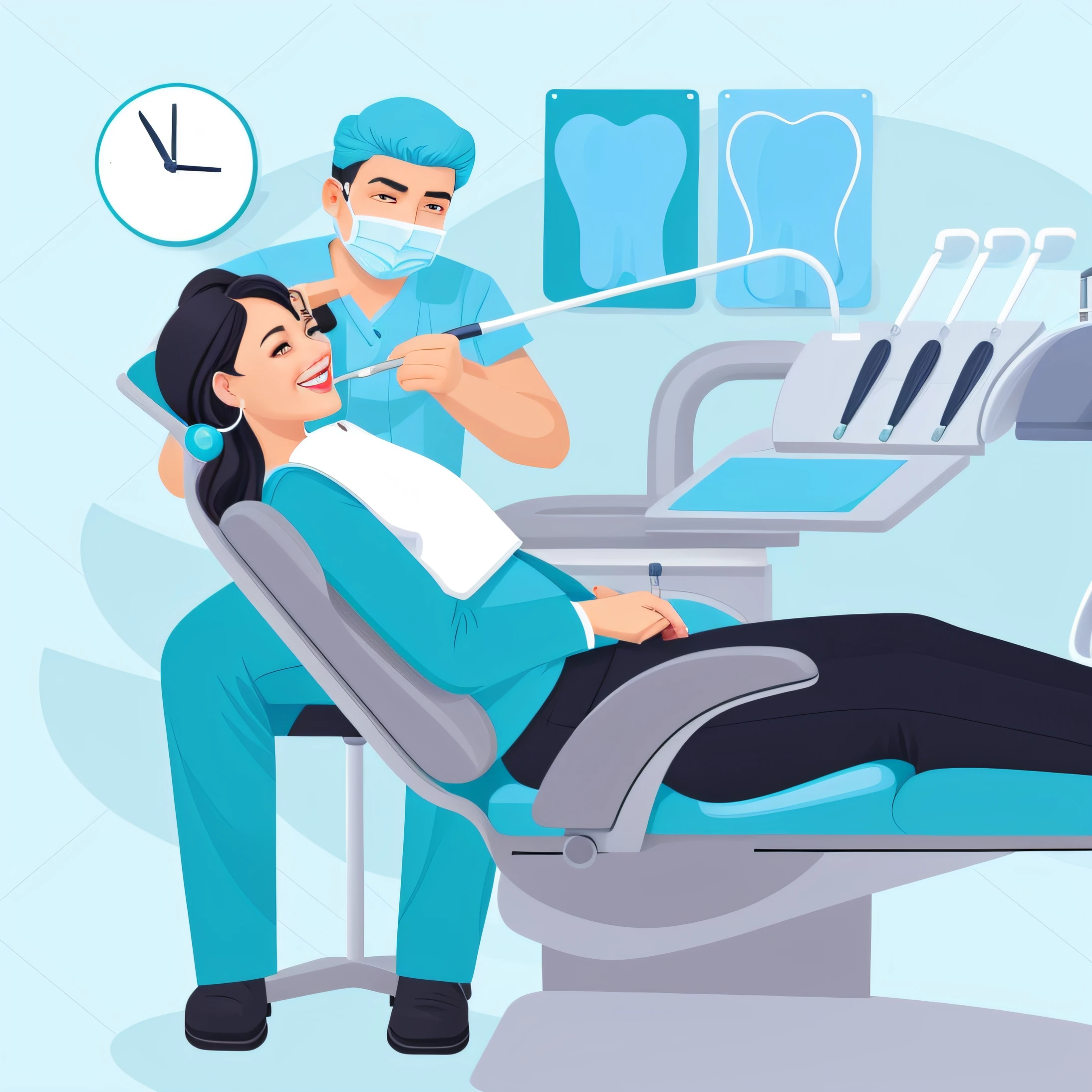 A man is sitting in a dentist's chair while a woman is looking at him, dentista, flat illustration, professional illustration, illustration detailed, vector illustration, odontofobia, Accurate illustration, cartoon illustration, professional illustration, High quality illustration, exciting illustration, stock illustration, funny illustration, Cartoon style illustration, detailed digital illustration, digital illustration -, commercial illustration,  dentista trabalhando,