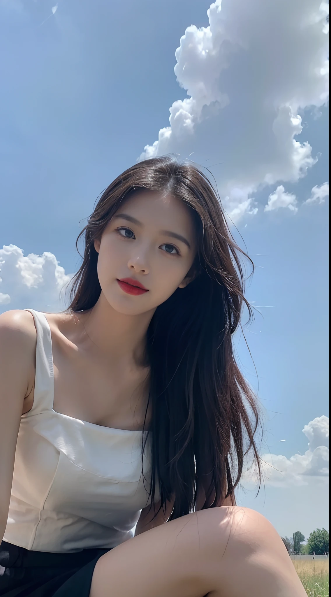 ((best qualtiy, 8K, tmasterpiece:1.3)), A pretty maiden,Pure,Melon seed face,gentle and cute,A sweet smile,Pure desire,Thin stature,(frontage),(Tilt your head),staring right into camera,uniform, Obi, formal,Black silky long, Straight hair,Long hair flowing over the shoulders,round black big eyes,Clear big eyes,Hydrated red lips,Sweet,Sit on the,with blue sky and white clouds,Blue skies,grassy fields,
