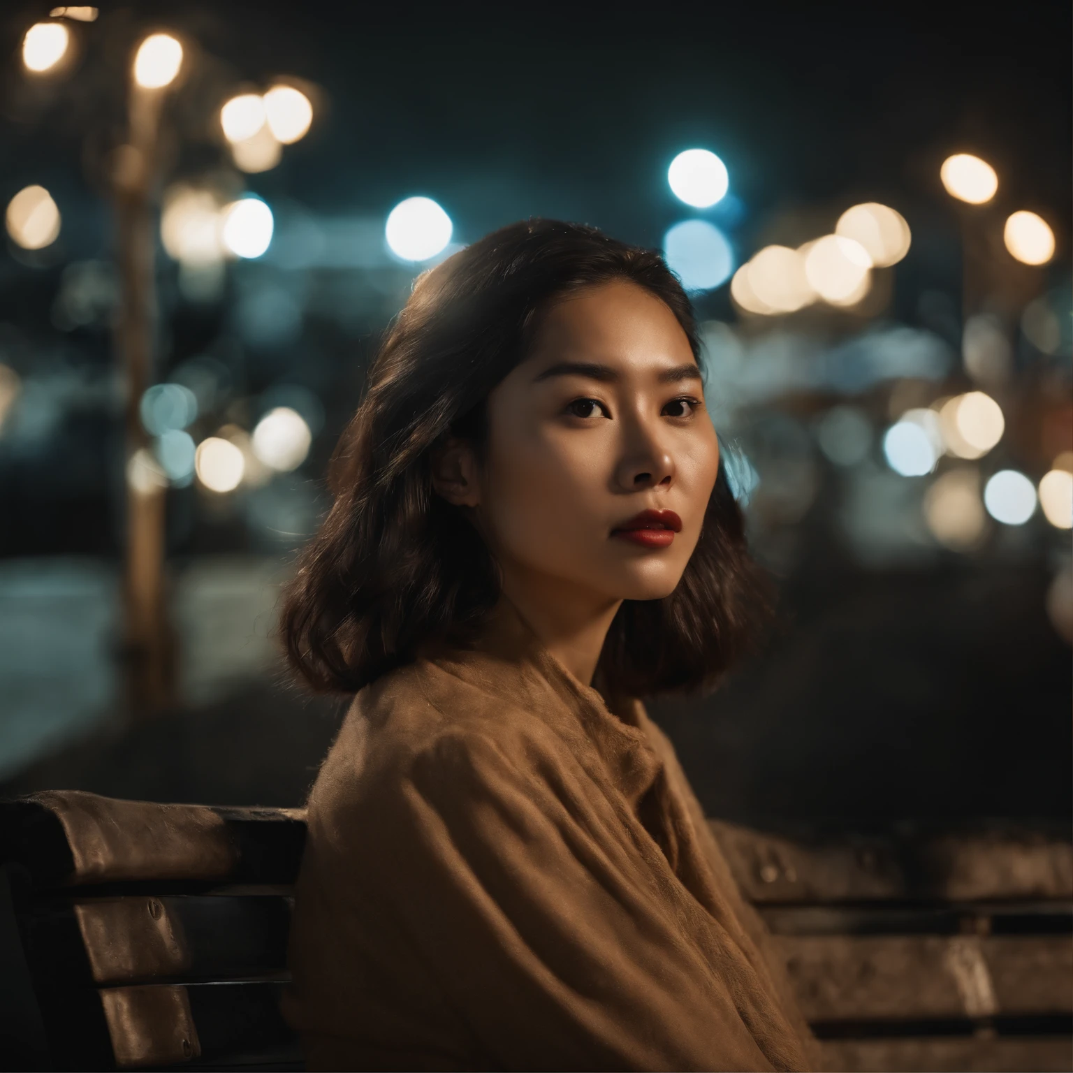Han So-hee sitting on a park bench, Night lights, City lights, Moonlight, Night 4K, Fujifilm XT3, 8K, Maximum results, Shot on Kodak, an award winning photograph, (Ultra photo realsisim:1.5), (Best quality:1.5), Photorealistic, Detailed skin texture, Masterpiece, (Photorealistic:1.4), RAW photo, Perfect shading, Realism, Photography,detailed face texture, Detailed lip texture, Detail ears, Detail Eye, Depth of field,