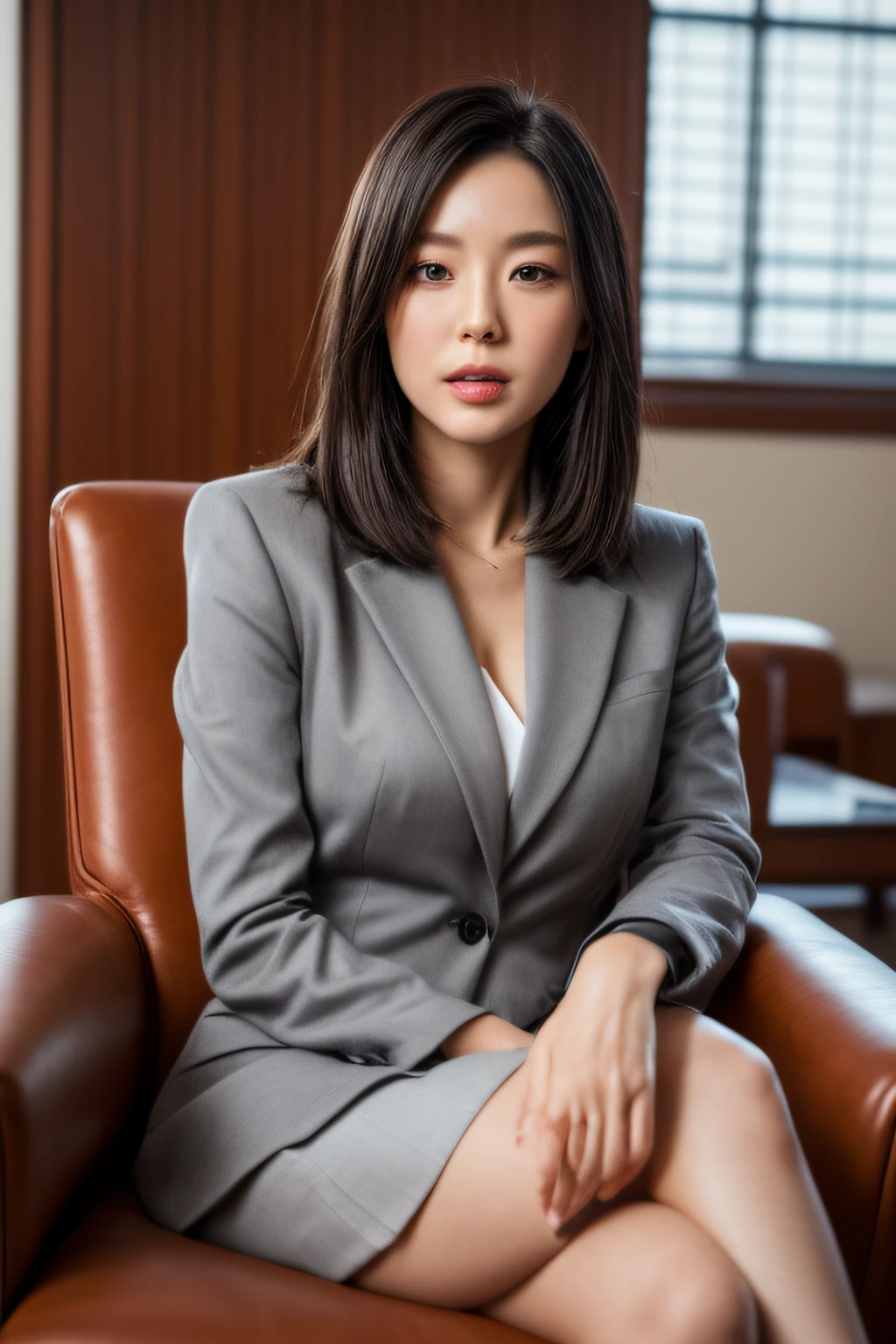 (college professor、50 years old、hyperdetailed face、Detailed lips、A detailed eye、二重まぶた、Black bob-shaped hair, Gray blazer、White blouses)、(Brown tight mini skirt)、((Sitting in a luxury chair in a college professor's room and thinking))、((Glamorous body))、((huge-breasted))、perfect hand, Perfect fingers, perfect chest, Perfect fit, perfect bodies, face perfect, Perfect image realism, Background with:((University Room))、Meticulous background, detailed costume, Perfect litthing、Hyper-Realism、Photorealsitic、8K maximum resolution, (​masterpiece), ighly detailed, Professional