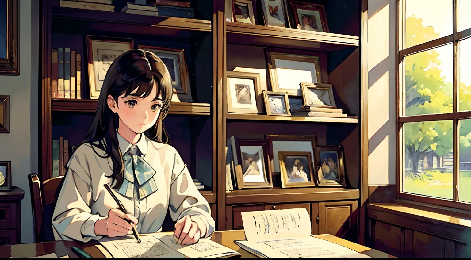 (Watercolor in Sargent style)、(top-quality、masterpiece)、Soft light、Teacher's Office, Wallpaper, Mottled lighting, morning sunlight, Highly detailed, Classical literature, bookcase, Antique Desk, Warm lighting, Vintage aesthetics, Academic atmosphere, academic, Oak wood, Elegant patterns, Muted colors, Art deco, paper, Sepia tone