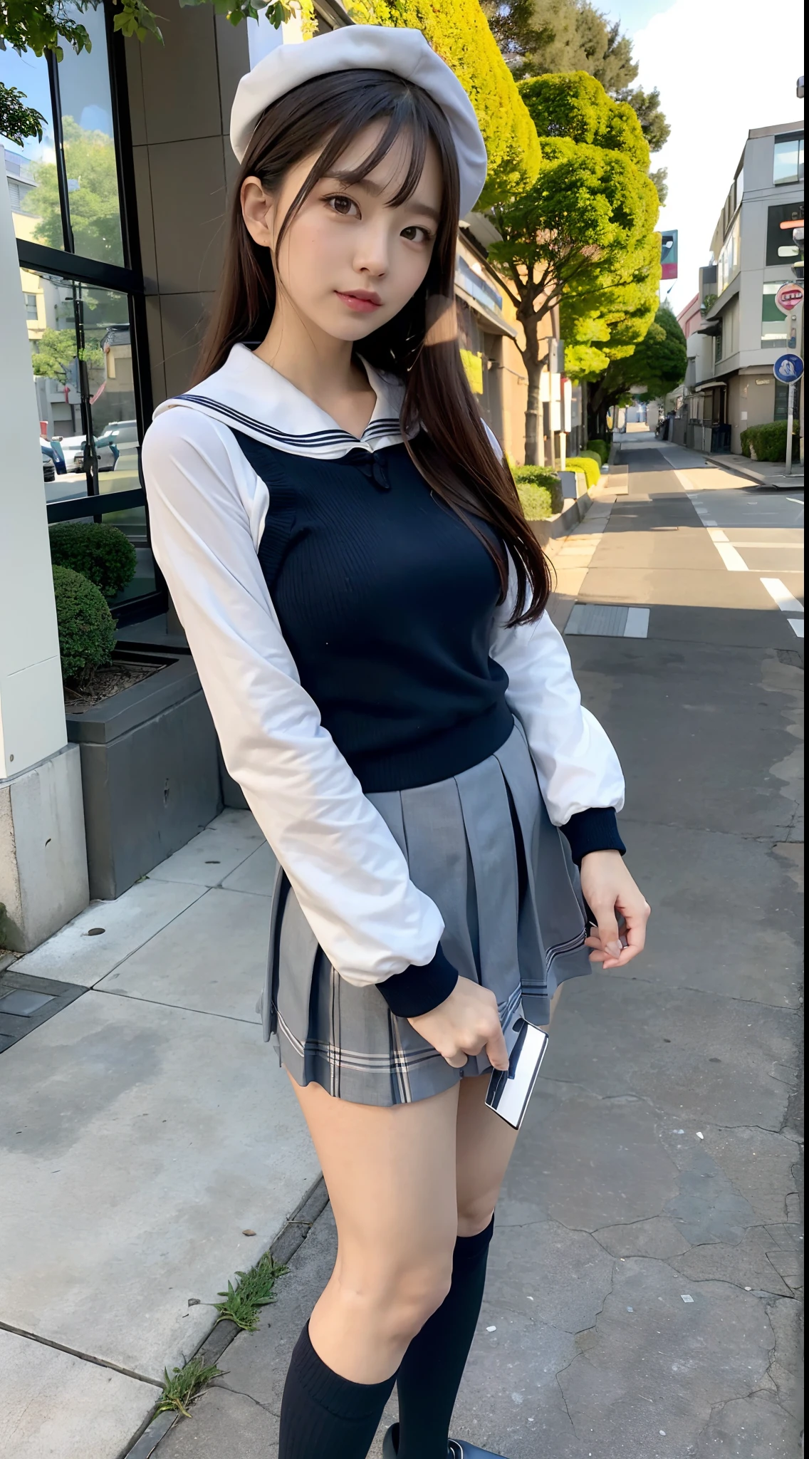 mix4, (16 K, Raw photography, Top image quality, masterpiece: 1.45), (realisitic, Photorealsitic: 1.37), one girls, 7.5, etc、Standing figure,Noon time slot、cute little, A city scape,, profetional lighting, photon maping, Cityscape with street trees, physically-based renderingt, Gradient dark brown hair,, a handsome, Well-groomed and beautiful eyes、Large double eyelids、Very shiny、girl with, (((student clothes、Long sleeve sailor suit worn by Japan girl、red cuffs、Dark blue mini skirt, Small gray beret、Dark blue knee-high socks、Black loafers))), Top Quality Photos, hight resolution, 1080p, (clearface), (Detailed face description), (Detailed hand description), (masterpiece), (Exquisite CG)、extreme light and shadows、dishevled hair、master work、abundant detail、(Fine facial features)、(top quality photo)、(masuter piece)、(A detailed eye)、Look in front of you、Fine clavicle、((Slender big))、(((Japan schooln long-sleeved sailor suit)))、((Ready Idol System))、((Boulevard with street trees、Roads at the scramble intersection))、(Shooting from random perspectives)、(((Anyway cute)))、耳Nipple Ring、A big smile、Drawing the whole body from the knees、Do not draw nasolabial folds、(((Long-sleeved sailor suit)))、(Big breasts that hang down big:1.3)、Big buttocks with tension、Two arms and two legs、(((from the front side:0.5)))、bare hand、No mask、pony tail hairstyle、Wear large clothes so that your chest subsides