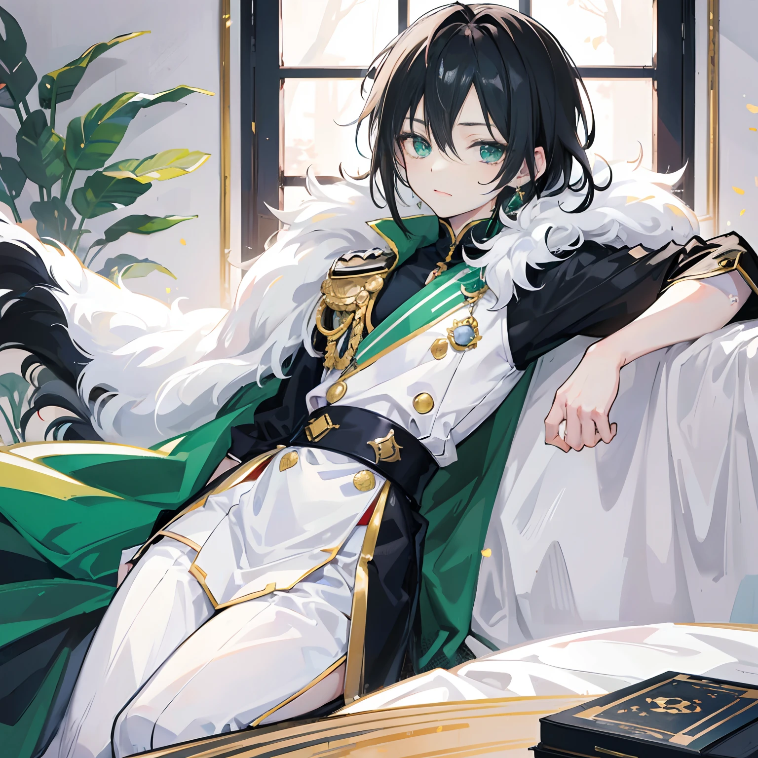 anime boy(12yrs),black hair,wearing a white regal uniform with a fur cape,green eyes,an earring on his left ear with an emerald on it,sleeping on a table ,palace room background
