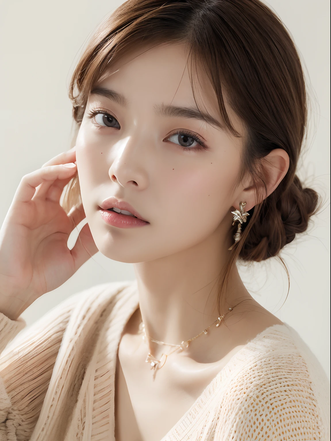 top-quality:1.3、​masterpiece、hight resolution、［1 girl in］、｛独奏｝、Raw photo、Real person、Photo of a seductive woman with a loose style of brown hair, Pose in the room, tedium, mascara, ,(Textured skin, Skin pores:1.1), (Mole:0.8), (Imperfect skin:1.1) intricate detailes, goose bumps, face perfect, (hitornfreckles:0.9), ((Photorealsitic):1.1), (Unripe, 8K:1.2), murky, Subdued Color,、Detailed skin、japanes、brawn hair、thin bunches of bangs、waved hair、Floating hair、fullllbody,Sweat knitwear、catchlight、piercings、a necklace、white walls、