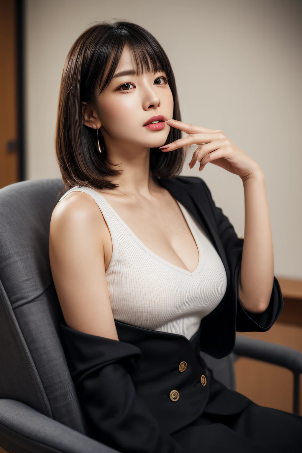 High resolution、Photorealistic、Hyperrealism、Full body photo、Slender body、Realistic、Beautiful Japanese Women、、Black-haired、Short Bob Hair、Detailed face、Detailed lips、Beautiful Eyes、Glowing Skin、one person、Ideal beauty、Big Breasts、(office)、The background is faded, ((((Clothing, Sit on a chair, Look straight up, Close ~ eyes, sleep, Unconscious、A little bit of cleavage is visible、Mouth slightly open)))), ((Black pencil skirt:1.37, Black Business Jacket:1.37, White lightweight V-neck T-shirt:1.37)), ((Cowboy Shot, From above))