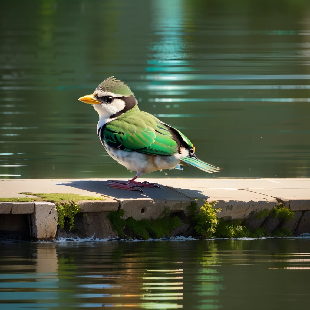 A small bird looks out in the middle of the river