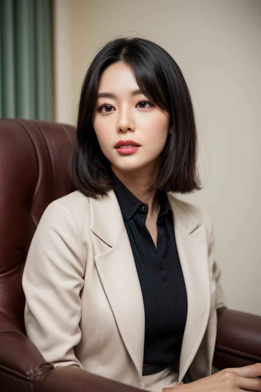 college professor、50 years old、hyperdetailed face、Detailed lips、A detailed eye、二重まぶた、Black bob-shaped hair, Gray blazer、White blouses、(Brown tight mini skirt)、((Sitting in a luxury chair in a college professor's room and thinking))、((Glamorous body))、((huge-breasted))、perfect hand, Perfect fingers, perfect chest, Perfect fit, perfect bodies, face perfect, Perfect image realism, Background with:((University Room))、In-depth background, detailed costume, Perfect litthing、Hyper-Realism、Photorealsitic、8K maximum resolution, (masterpiece), ighly detailed, Professional