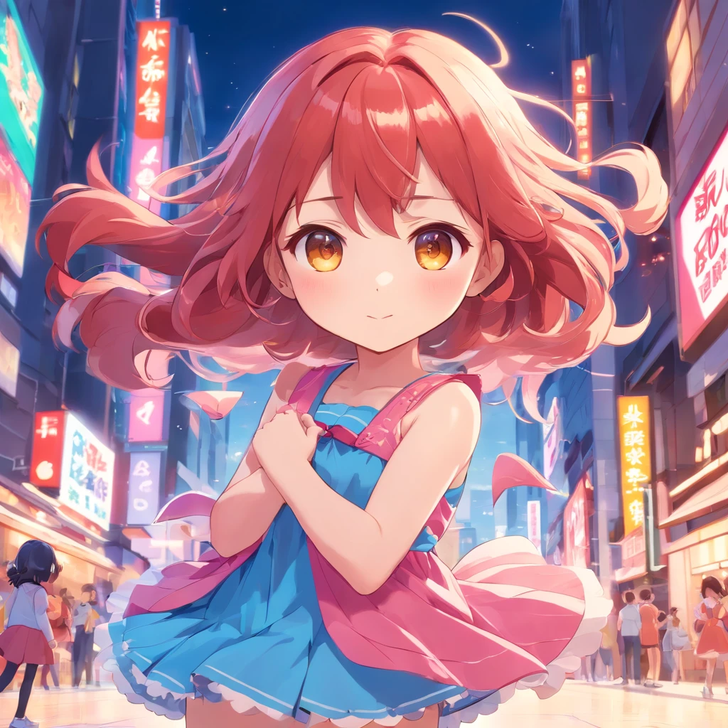 cute, chibi, a , light skin, golden eyes, red long hair, pink and blue pastel color party dress with candy designs, white sneakers, portrait, 3D rendering, high quality, ( plain background), (perfect hands), (full body), female, 8k.
