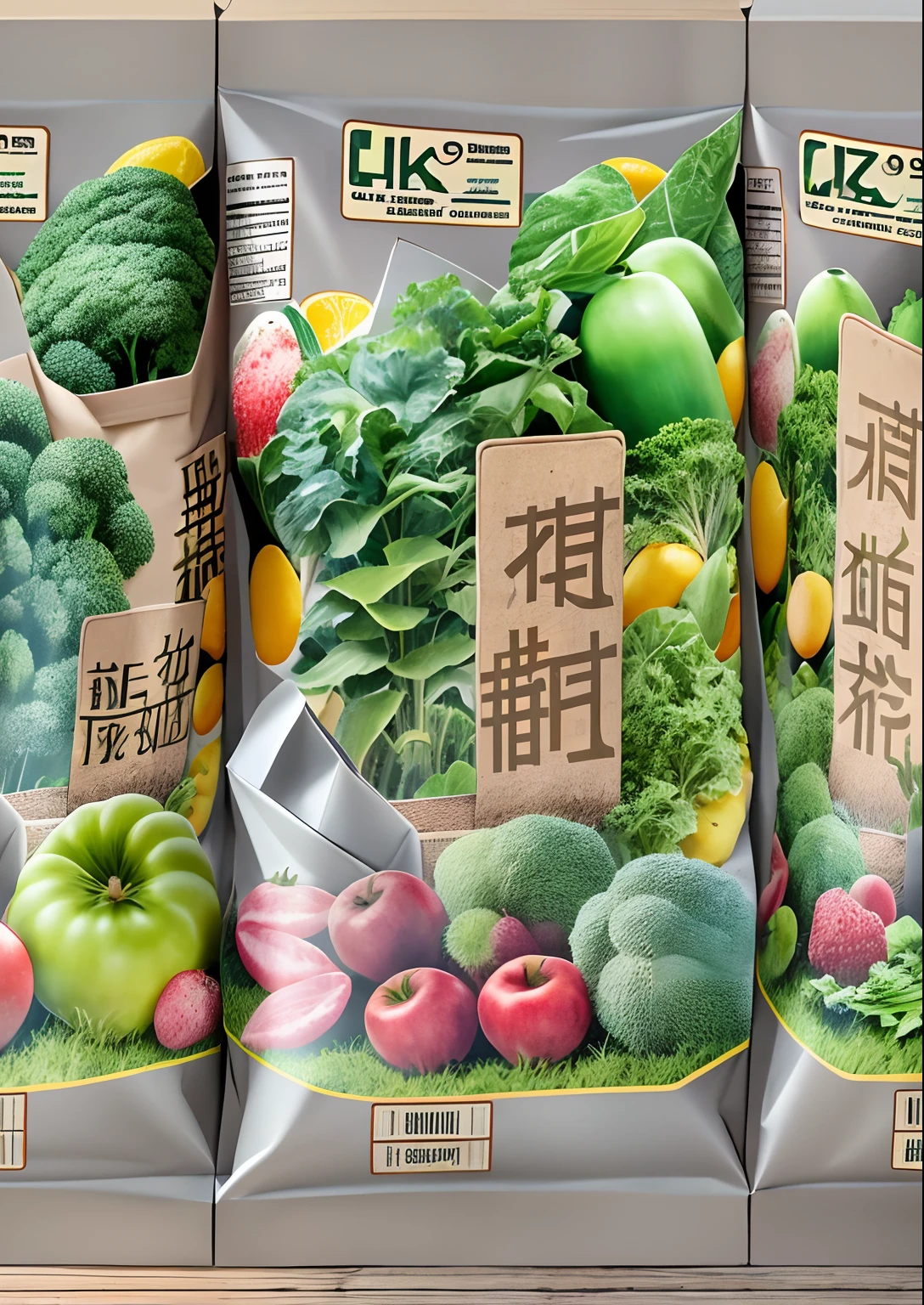 A kind of vertical fertilizer packaging bag，stereograms，The bag has folded edges，There are fruits and vegetables，There are English letters，k hd，hyper HD，16k，Morandi color matching