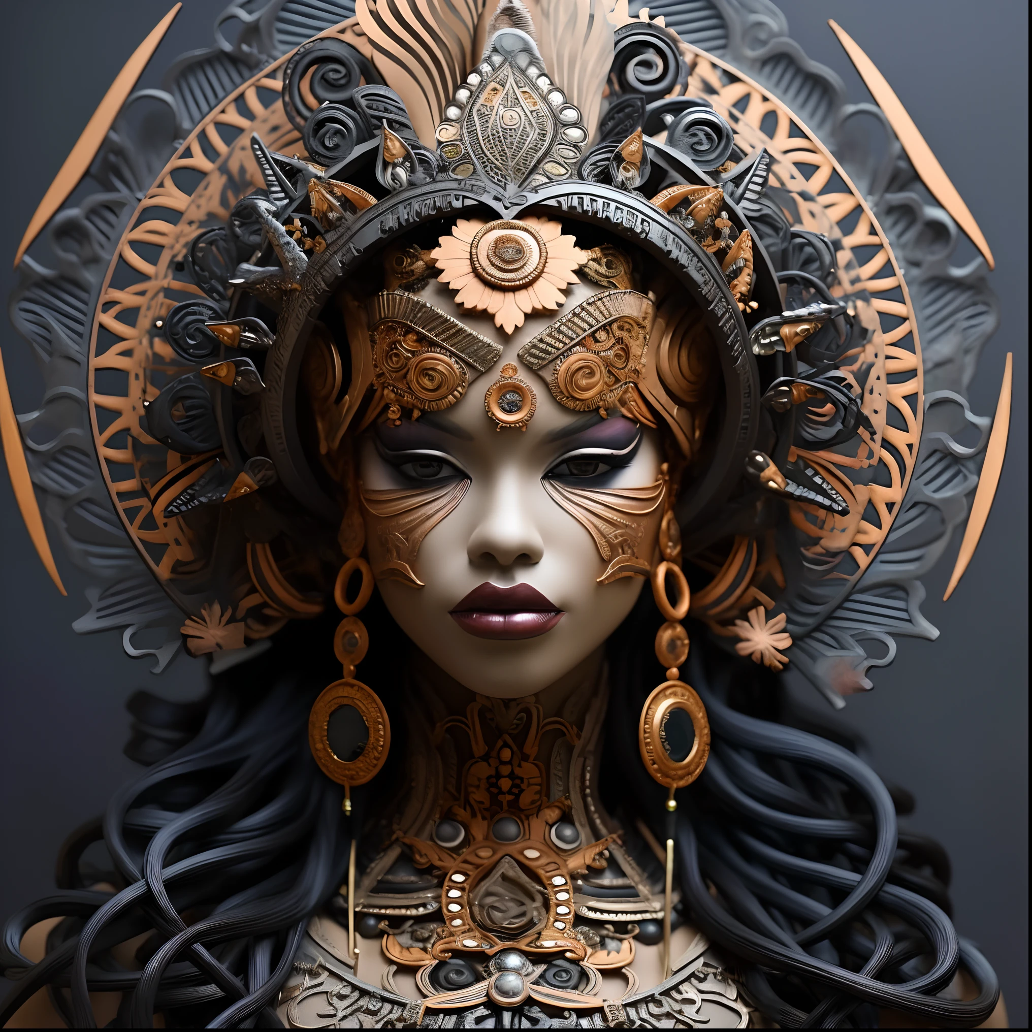 There is a statue of a woman with a large headdress, 3 D Portrait of the Goddess, goddess.  Extremely high detail, Extremely detailed photo of the goddess, A stunning portrait of a goddess, Karol behind UHD, Hyper detailed fantasy character, Beautiful intricate face, Detailed woman, Portrait of a beautiful goddess, Great digital art with details, 3D digital art detailed