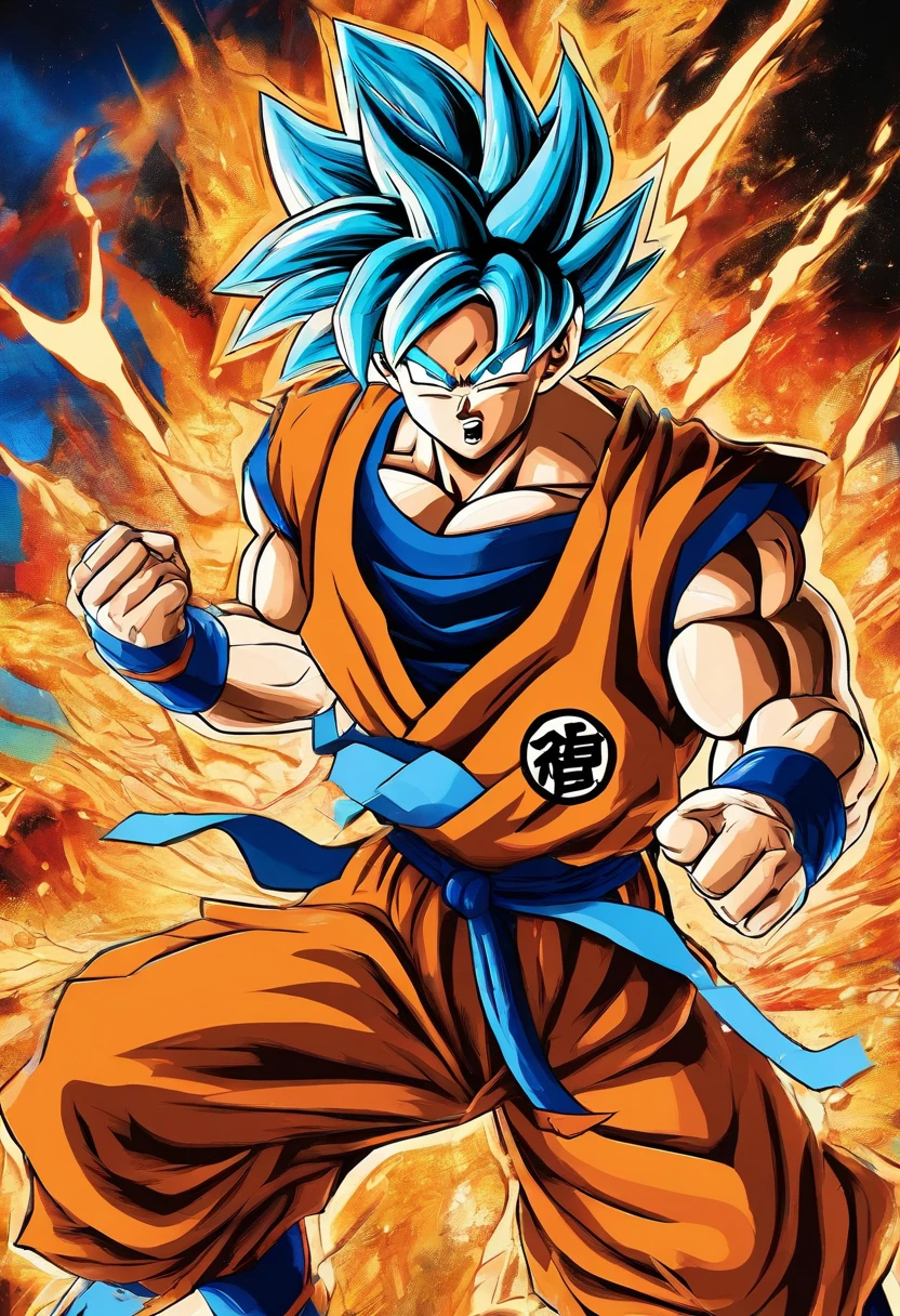 (best quality,ultra-detailed)(realistic,photo-realistic:1.37)A powerful and heroic image of Goku from Dragon Ball Z, a legendary anime character. Goku is portrayed in a medium resembling an illustrative style. His muscular physique and spiky hair are emphasized in extreme detail, with vibrant and vivid colors. The image showcases Goku's expressively detailed eyes, his determined and passionate expression, and his iconic orange and blue Gi uniform. The scene is set in a dynamic pose, capturing Goku mid-action as he prepares to unleash his signature Kamehameha attack. The background features a dramatic, energy-filled landscape with vibrant hues, symbolizing Goku's immense power. The lighting is intense, with bright highlights and deep shadows, enhancing the overall impact of the image.
