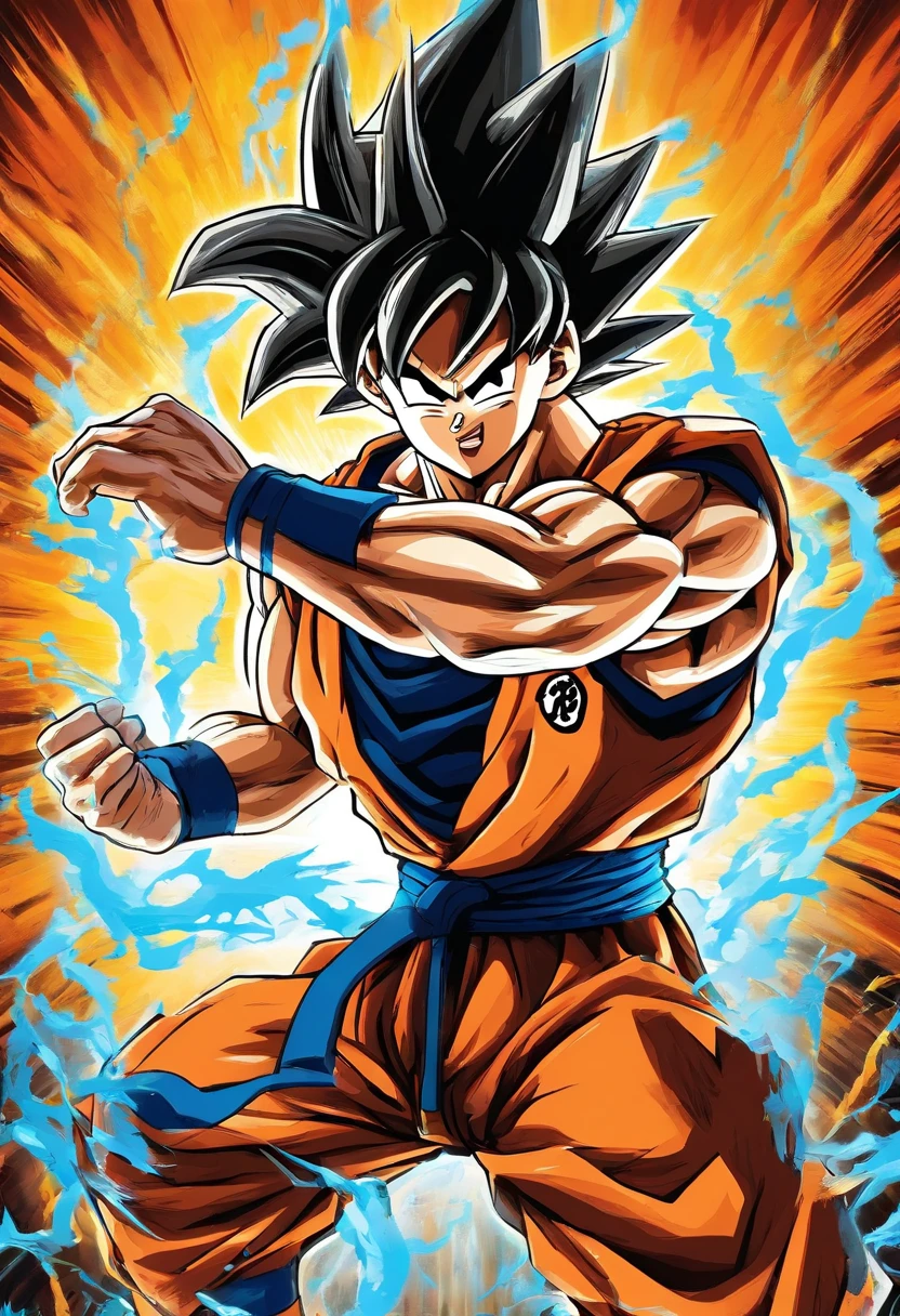 (best quality,ultra-detailed)(realistic,photo-realistic:1.37)A powerful and heroic image of Goku from Dragon Ball Z, a legendary anime character. Goku is portrayed in a medium resembling an illustrative style. His muscular physique and spiky hair are emphasized in extreme detail, with vibrant and vivid colors. The image showcases Goku's expressively detailed eyes, his determined and passionate expression, and his iconic orange and blue Gi uniform. The scene is set in a dynamic pose, capturing Goku mid-action as he prepares to unleash his signature Kamehameha attack. The background features a dramatic, energy-filled landscape with vibrant hues, symbolizing Goku's immense power. The lighting is intense, with bright highlights and deep shadows, enhancing the overall impact of the image.