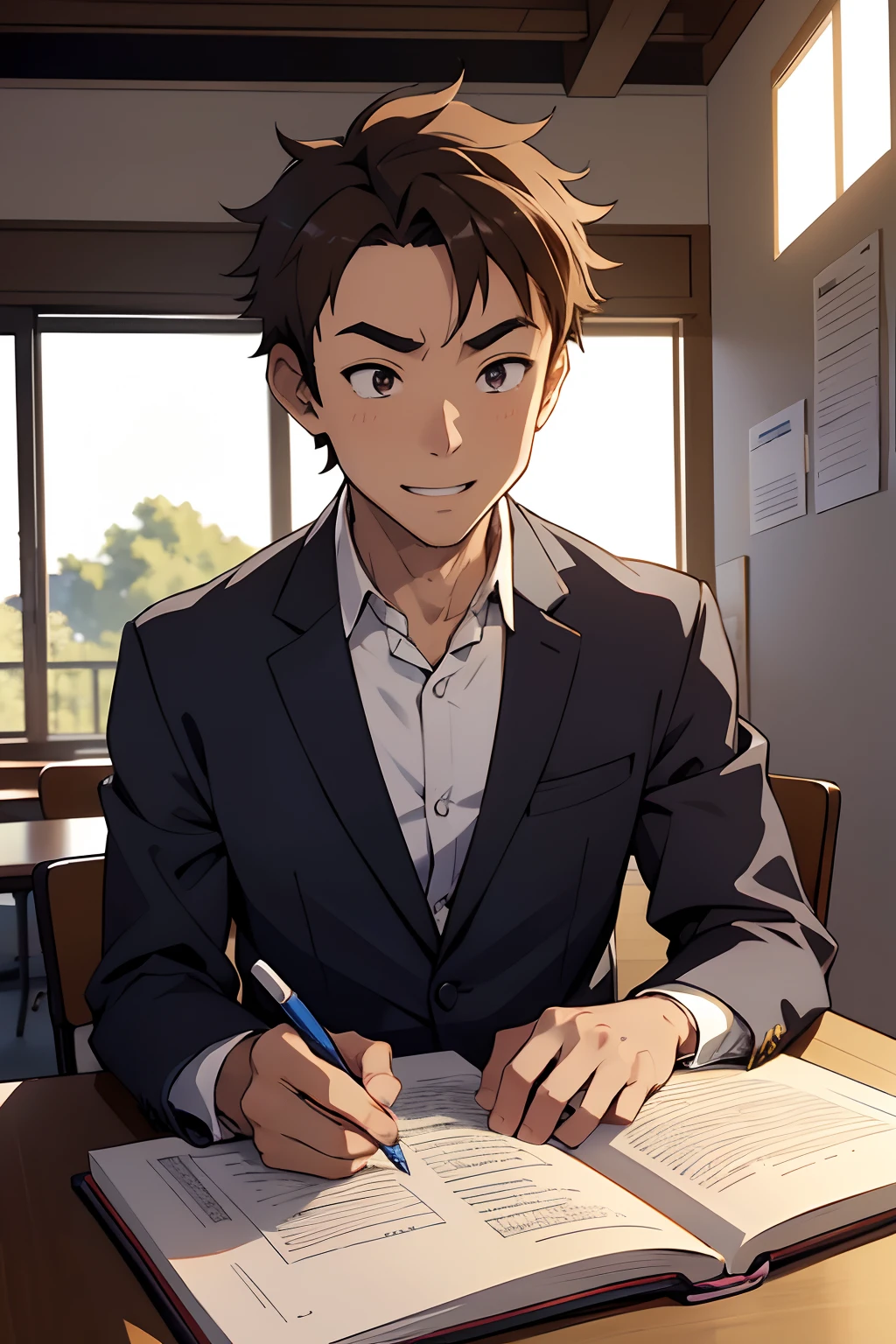 Anime character sitting at a table with a book and pen - SeaArt AI
