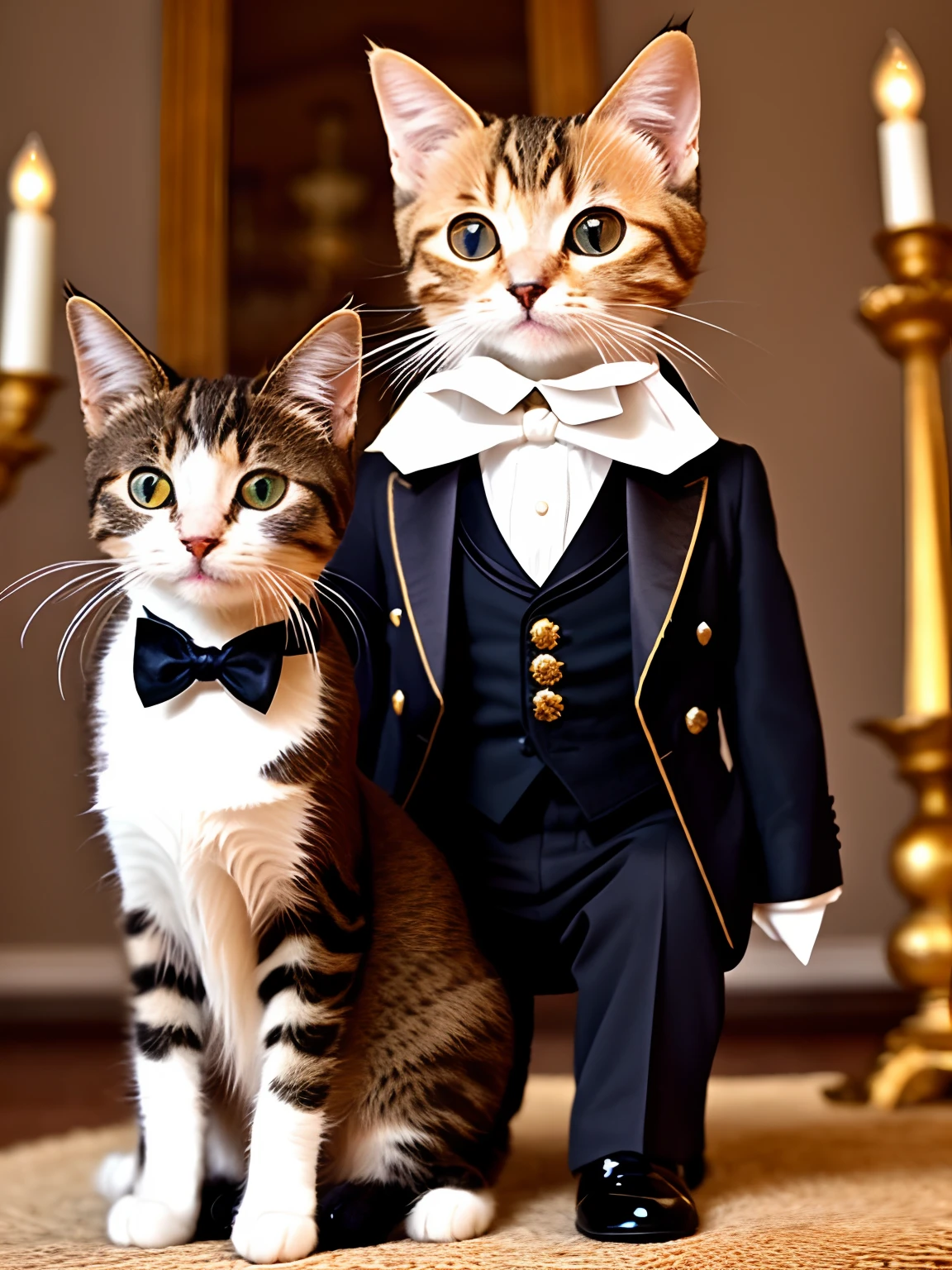 a cute little cat　Cat in aristocratic attire　The body is human and the face is a cat　poseing　deacon　tailcoat　formal clothes　Luxurious decoration　chandeliers　candelabra　palatial palace