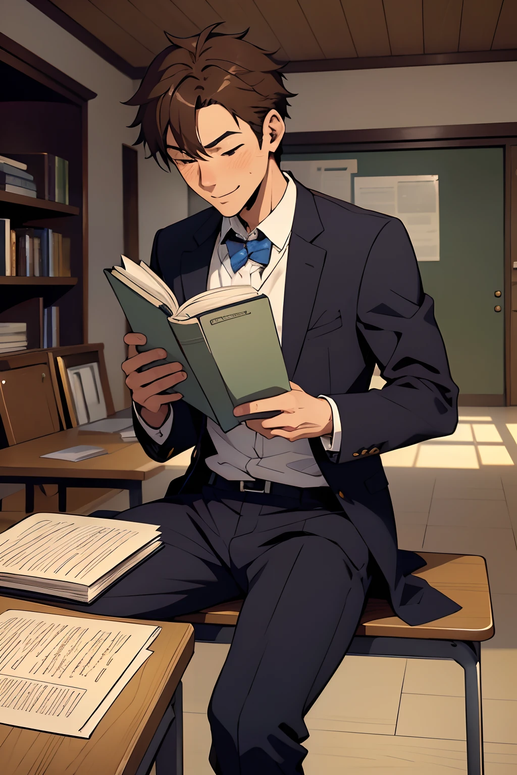 ung male),A high resolution, Sharp focus, Pixiv masterpiece, ((Complicated details)), highly detailed, natsuki_subaru, 1 man,perfect male figure, determined walk,is shy,embarressed,exhilarated,happy,fun, writing in a book,sitting,desk,table,students in baground