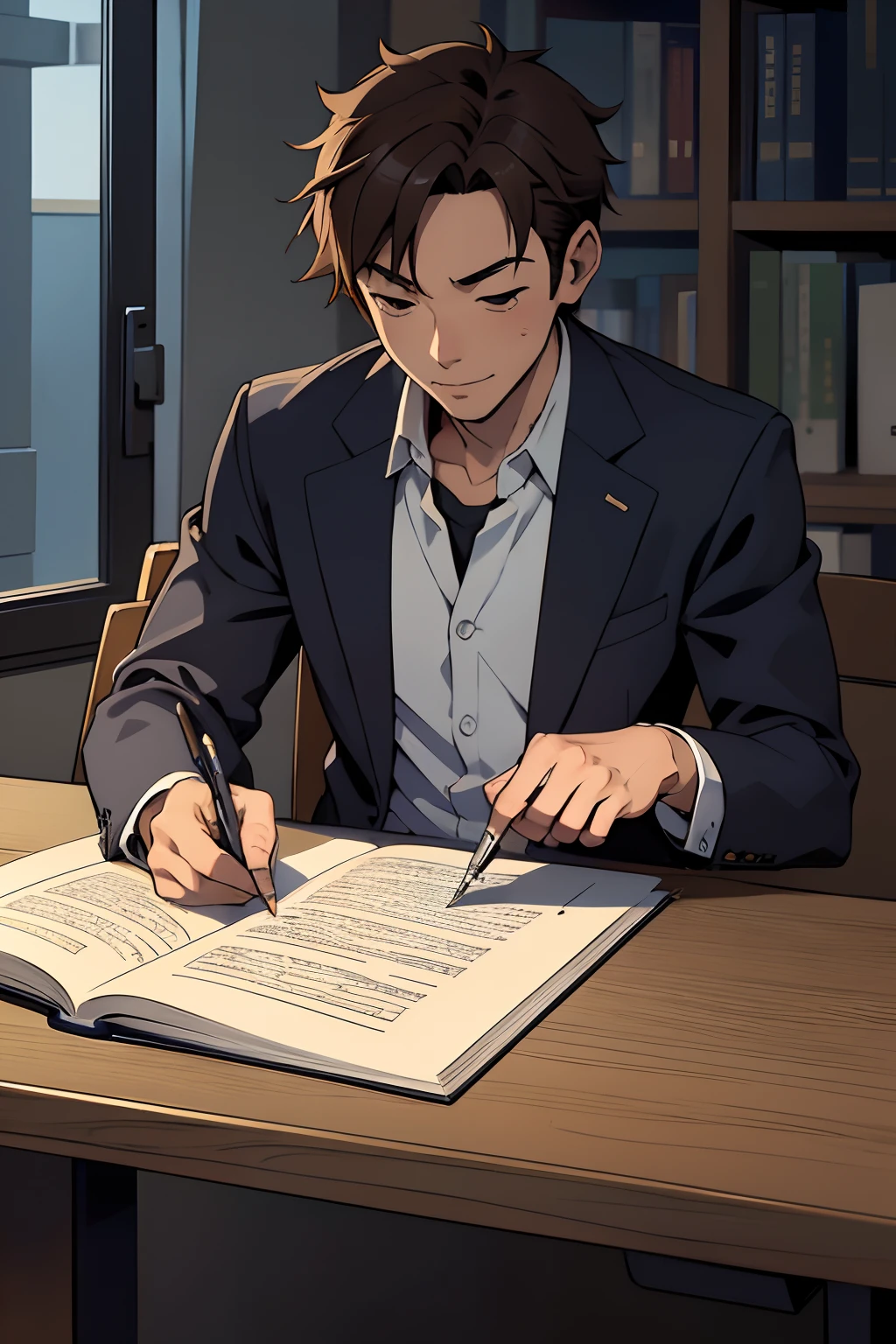 1 young male),A high resolution, Sharp focus, Pixiv masterpiece, ((Complicated details)), highly detailed, natsuki_subaru, 1 man,perfect male figure, determined walk,is shy,embarressed,exhilarated,happy,fun, writing in a book,sitting,desk,table,students in baground