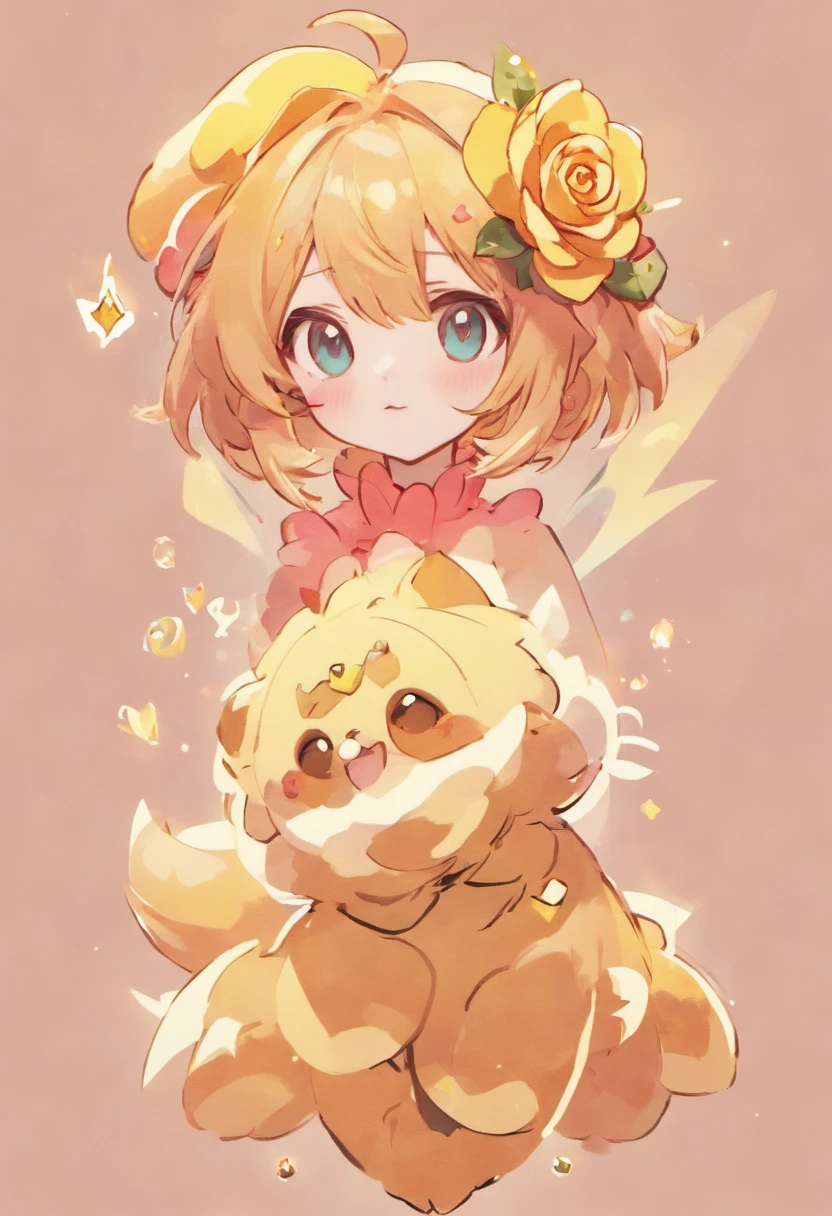 (best quality,highres), anthropomorphic, upright posture, sharp, expressive eyes, stylish and trendy bangs, handsome appearance, cool attitude, adorned with big roses on the head, sparkling elements, dog-like features, exaggerated deformation, simple and cartoonish style