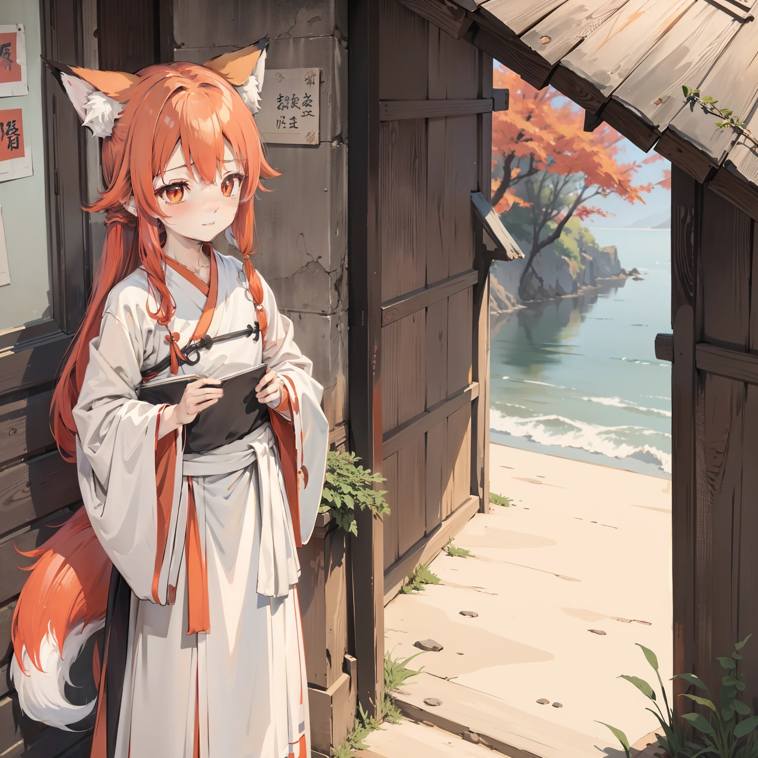 Cross-dressing,tsurime,Orange eyes,Fox_hor ears,Fox tail,Red_Hair,low-tied long hair,Hanfu,1girll，Loli,elementary student，独奏, (with short white hair:1.2),
