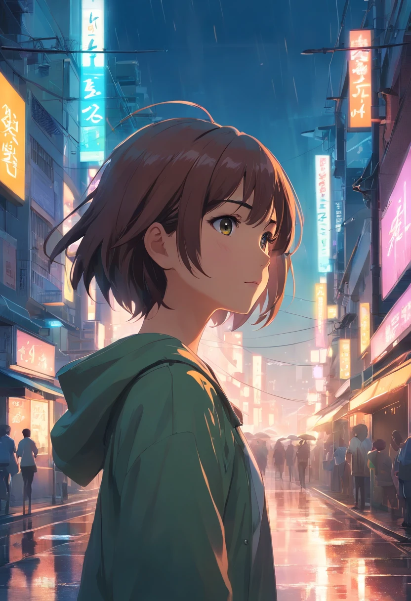 1girl, 8k, ultra realista, cabelos longos loiros, sorrindo, clear sky, sol, cidade, andando sobre a rua cyberpunk city chuva dark