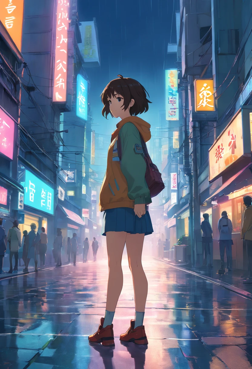 1girl, 8k, ultra realista, cabelos longos loiros, sorrindo, clear sky, sol, cidade, andando sobre a rua cyberpunk city chuva dark